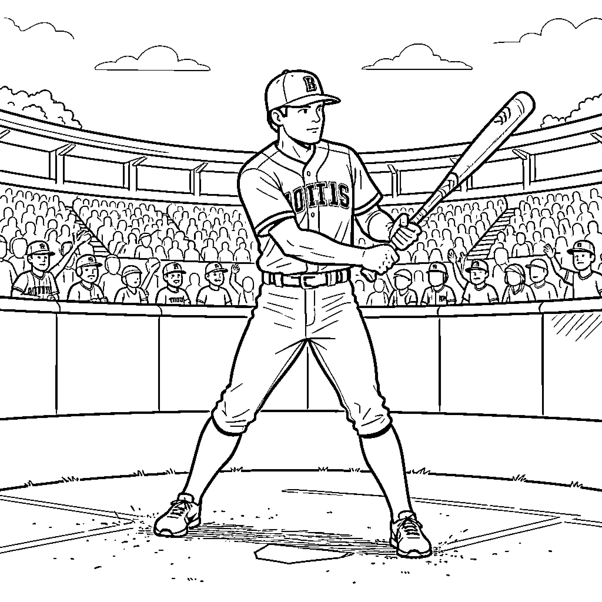 Bobby Witt Jr standing at bat in a stadium Coloring Page (free black-and-white line drawing printable PDF for all, from beginners to advanced learners, including children, teens, adults, and seniors)