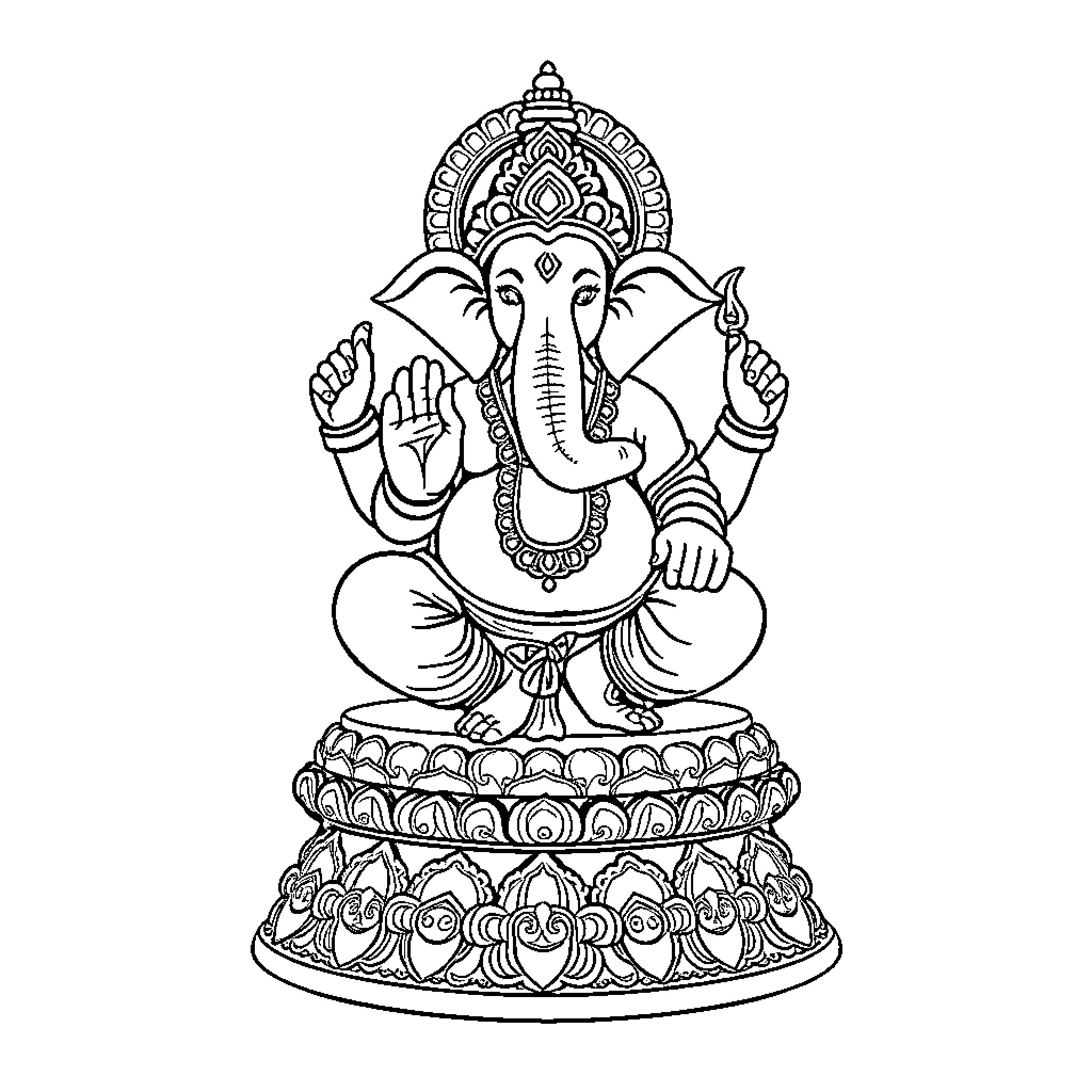 Ganesha, the Elephant-Headed Deity, Seated in Meditation Coloring Page (free black-and-white line drawing printable PDF for all, from beginners to advanced learners, including children, teens, adults, and seniors)