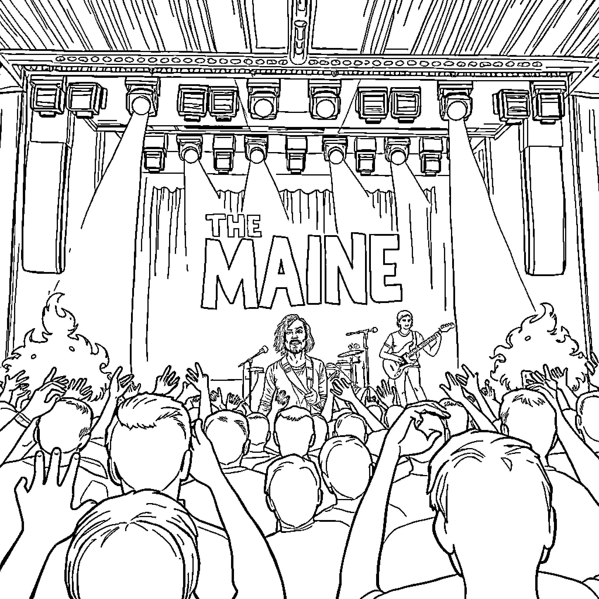 The Maine performing on stage before the crowd Coloring Page (free black-and-white line drawing printable PDF for all, from beginners to advanced learners, including children, teens, adults, and seniors)
