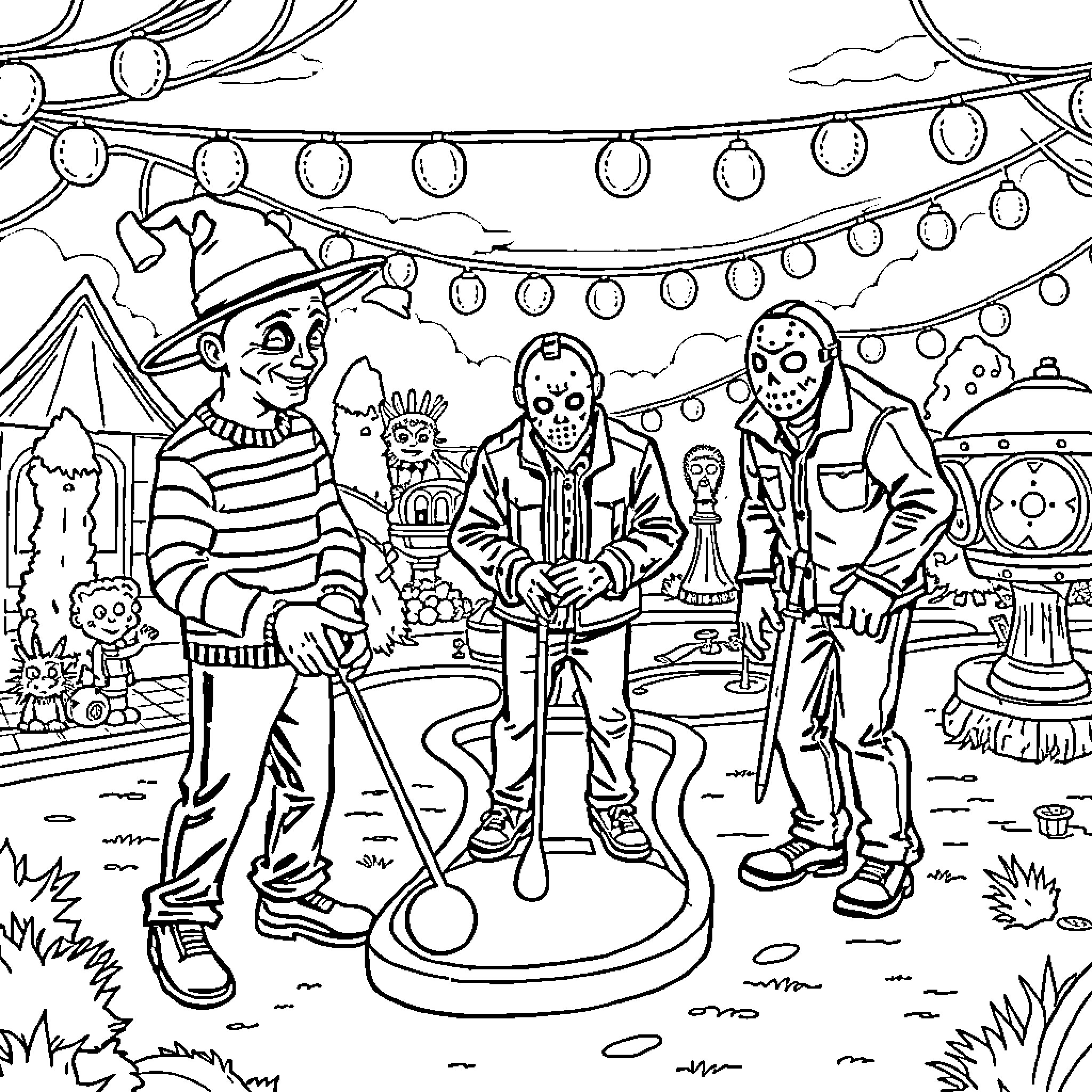 Horror Characters at a Carnival Celebration Coloring Page (free black-and-white line drawing printable PDF for all, from beginners to advanced learners, including children, teens, adults, and seniors)