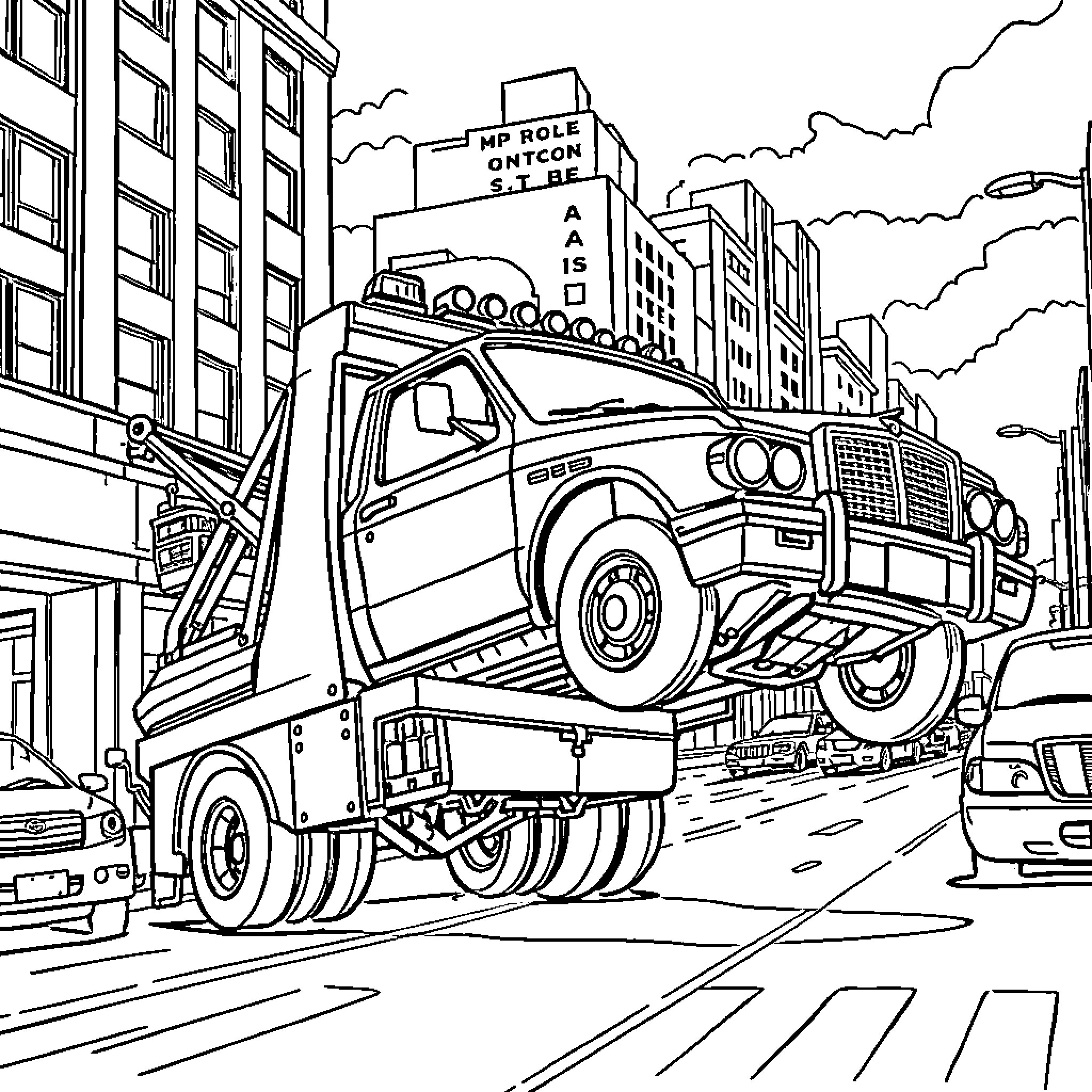 Tow Truck Assisting a Disabled Vehicle in the City Coloring Page (free black-and-white line drawing printable PDF for all, from beginners to advanced learners, including children, teens, adults, and seniors)