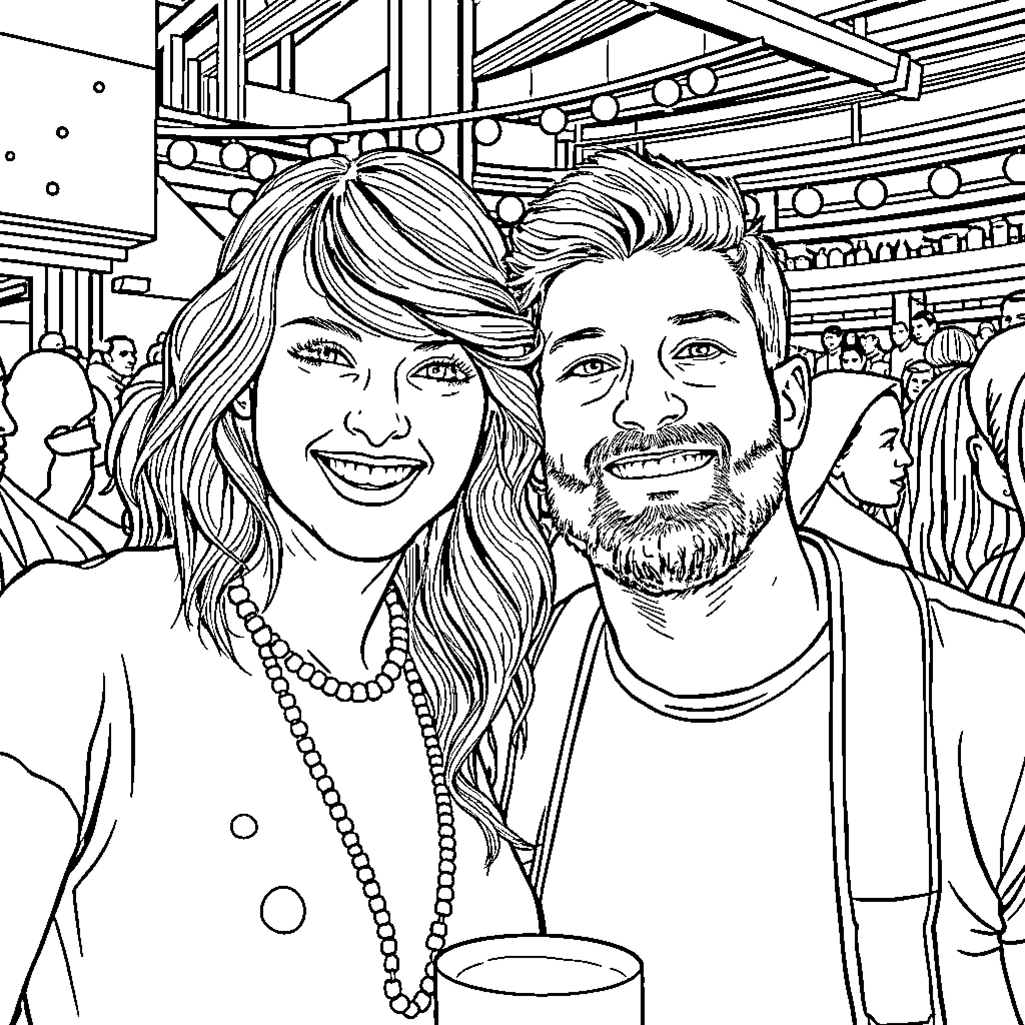 Taylor Swift and her husband enjoying a night out Coloring Page (free black-and-white line drawing printable PDF for all, from beginners to advanced learners, including children, teens, adults, and seniors)