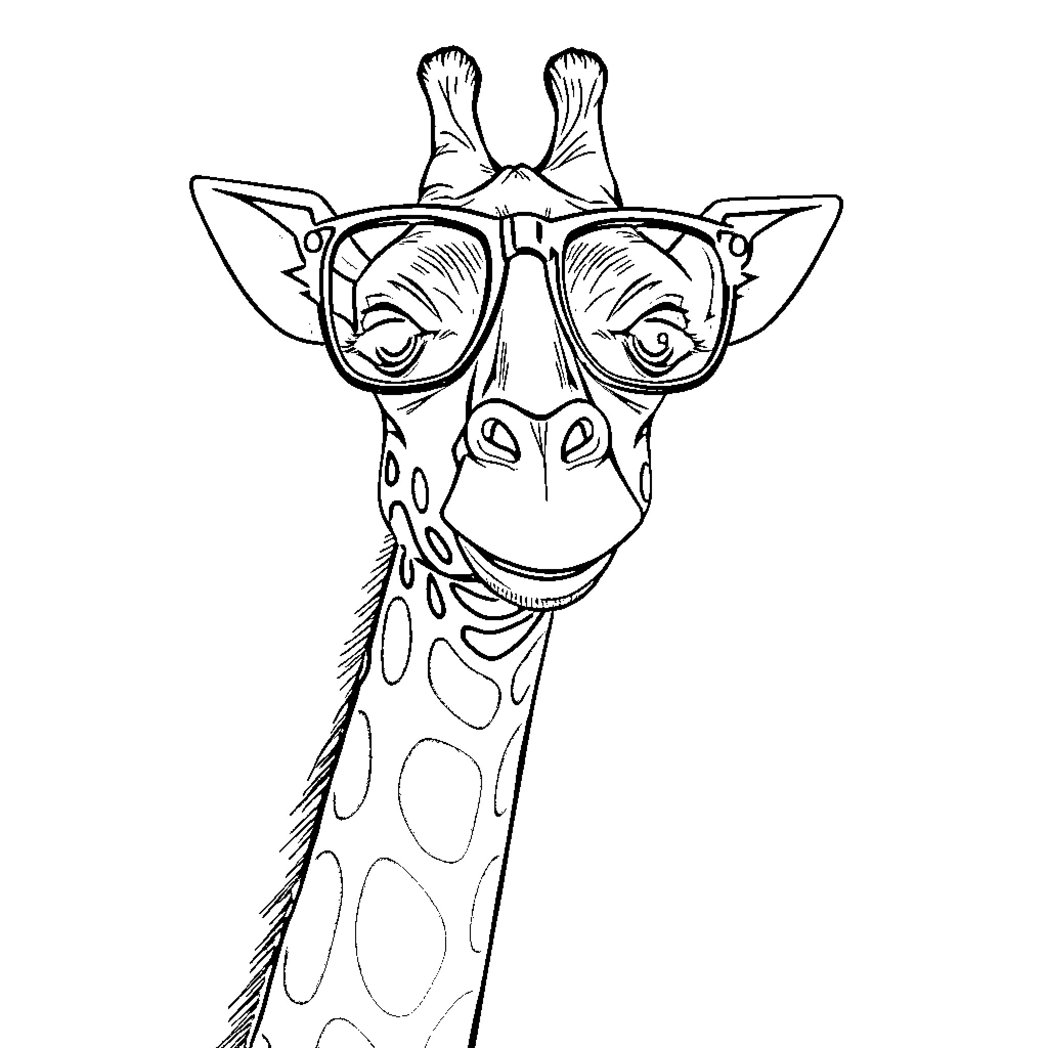 Giraffe wearing stylish glasses and making a funny face Coloring Page (free black-and-white line drawing printable PDF for all, from beginners to advanced learners, including children, teens, adults, and seniors)