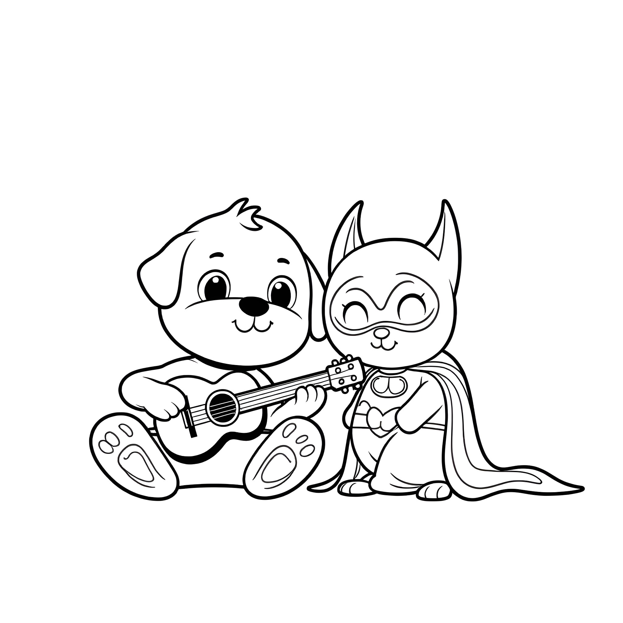 Bluey and friends playing with guitar Coloring Page (free black-and-white line drawing printable PDF for all, from beginners to advanced learners, including children, teens, adults, and seniors)