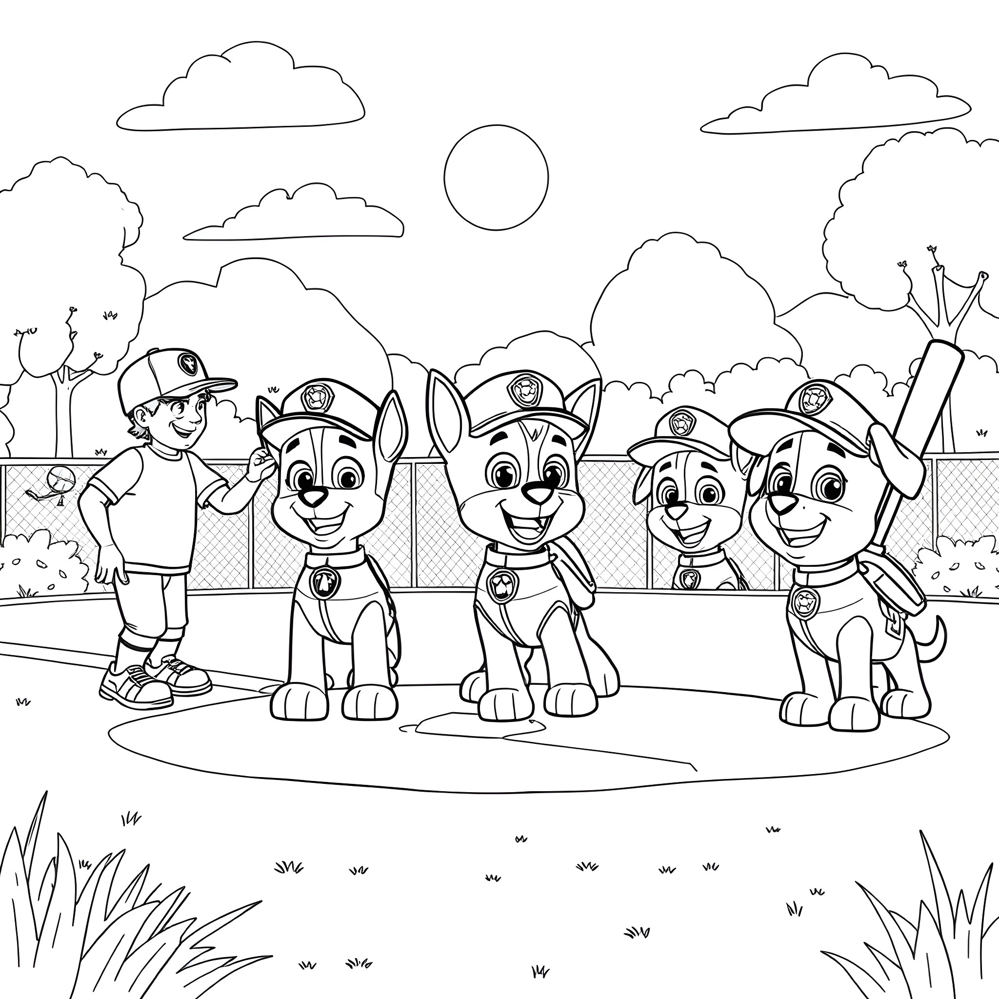 Paw Patrol officers on patrol at the park Coloring Page (free black-and-white line drawing printable PDF for all, from beginners to advanced learners, including children, teens, adults, and seniors)