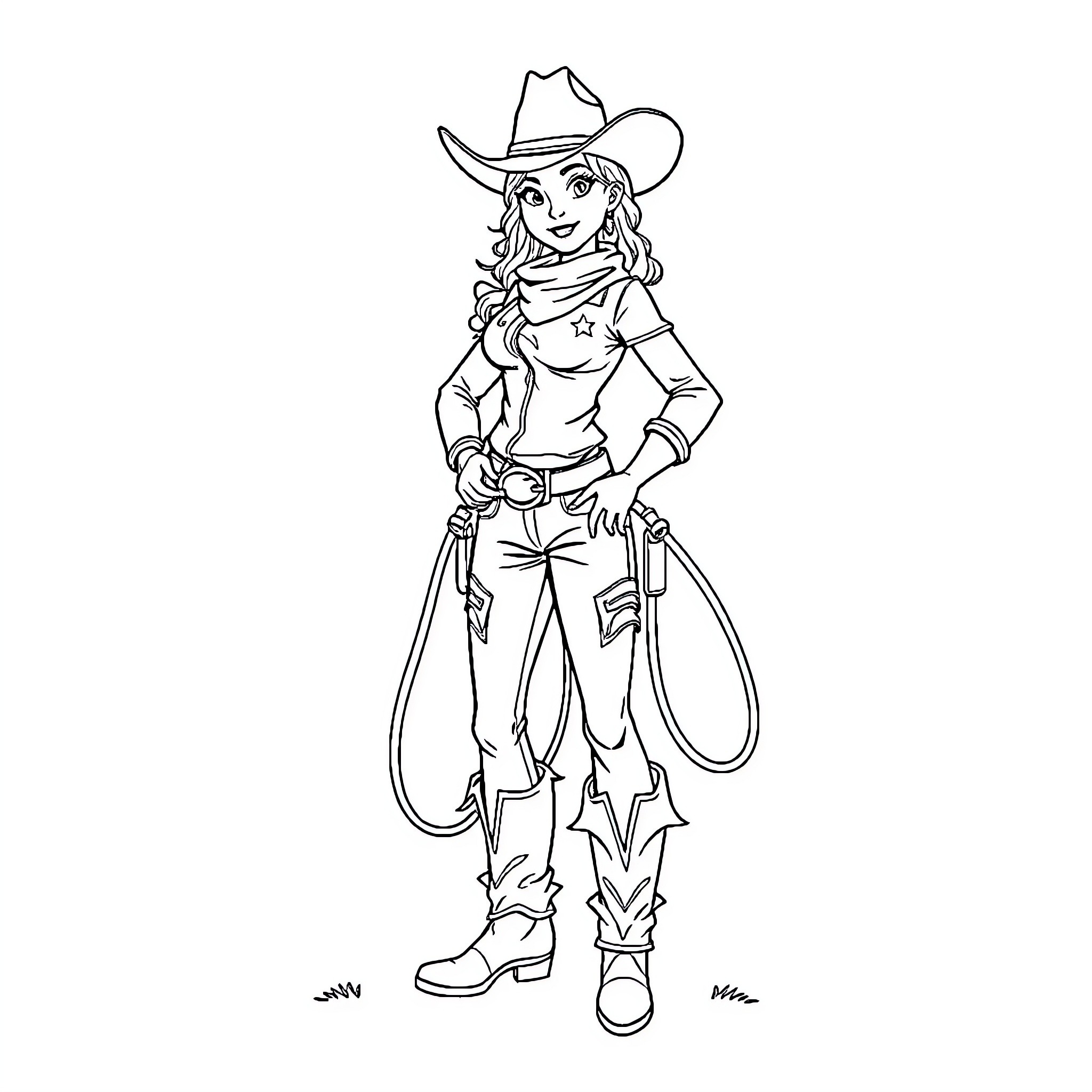Cowgirl Adventurer Strikes a Pose Coloring Page (free black-and-white line drawing printable PDF for all, from beginners to advanced learners, including children, teens, adults, and seniors)