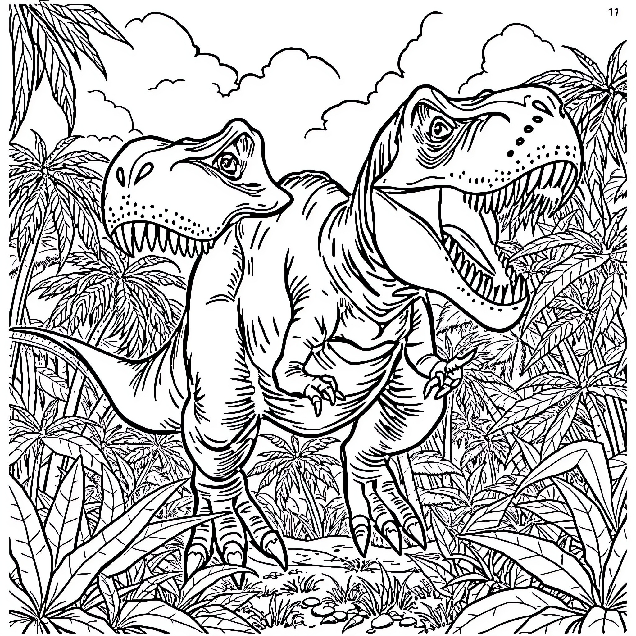 Tyrannosaurus Rex roaring in prehistoric jungle Coloring Page (free black-and-white line drawing printable PDF for all, from beginners to advanced learners, including children, teens, adults, and seniors)