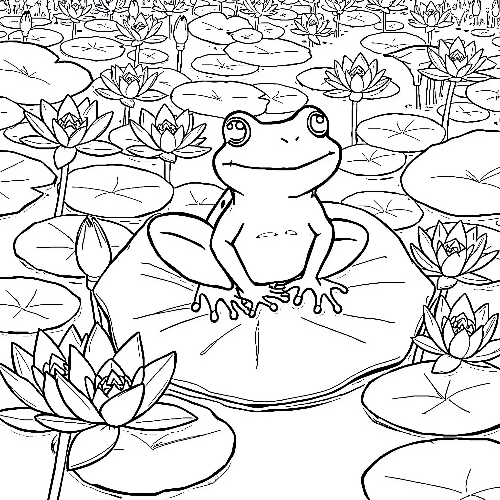 Frog sitting on lily pad among lotus flowers Coloring Page (free black-and-white line drawing printable PDF for all, from beginners to advanced learners, including children, teens, adults, and seniors)