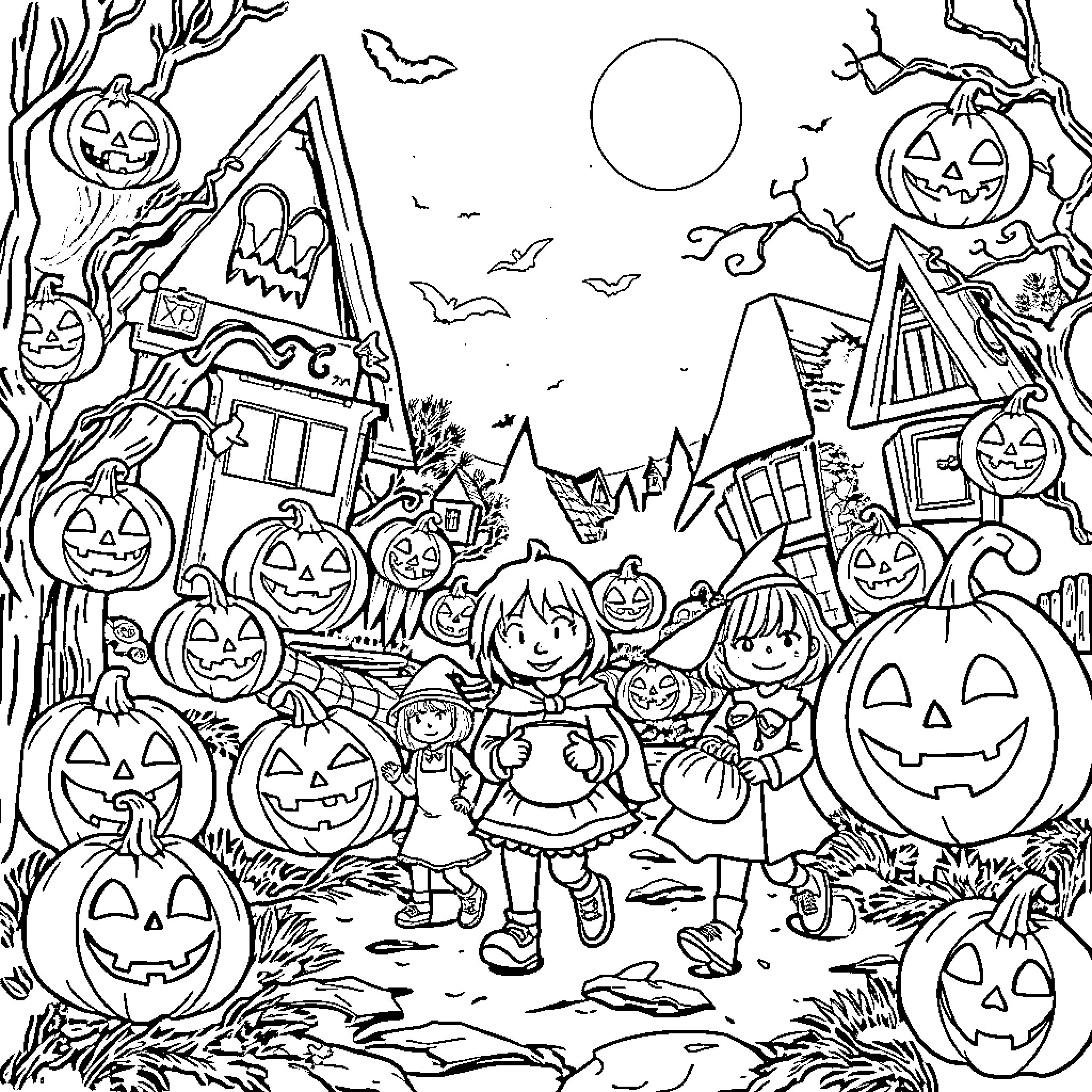 Halloween trick-or-treating adventure in the neighborhood Coloring Page (free black-and-white line drawing printable PDF for all, from beginners to advanced learners, including children, teens, adults, and seniors)