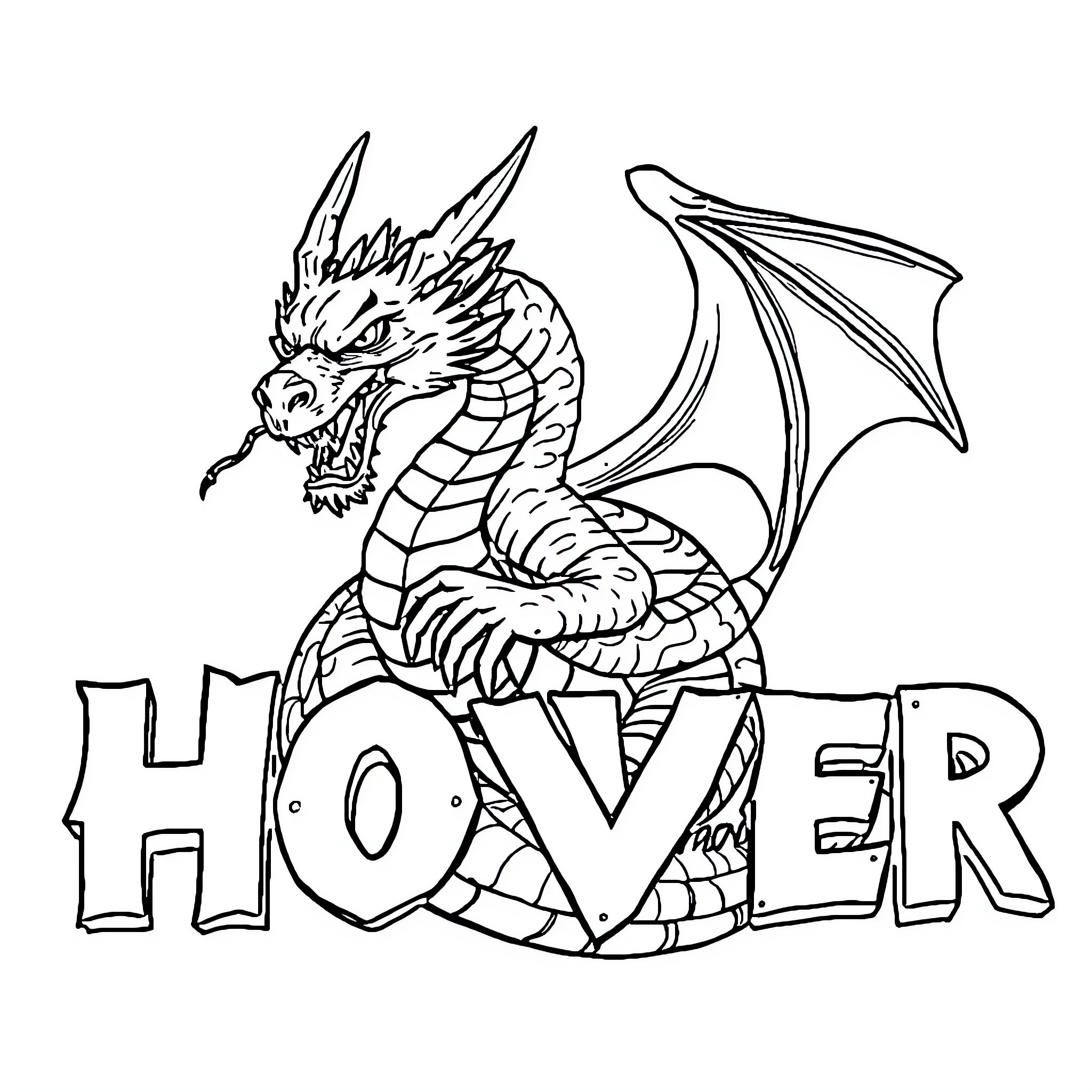 Dragon hovering over the word 'HOVER' Coloring Page (free black-and-white line drawing printable PDF for all, from beginners to advanced learners, including children, teens, adults, and seniors)