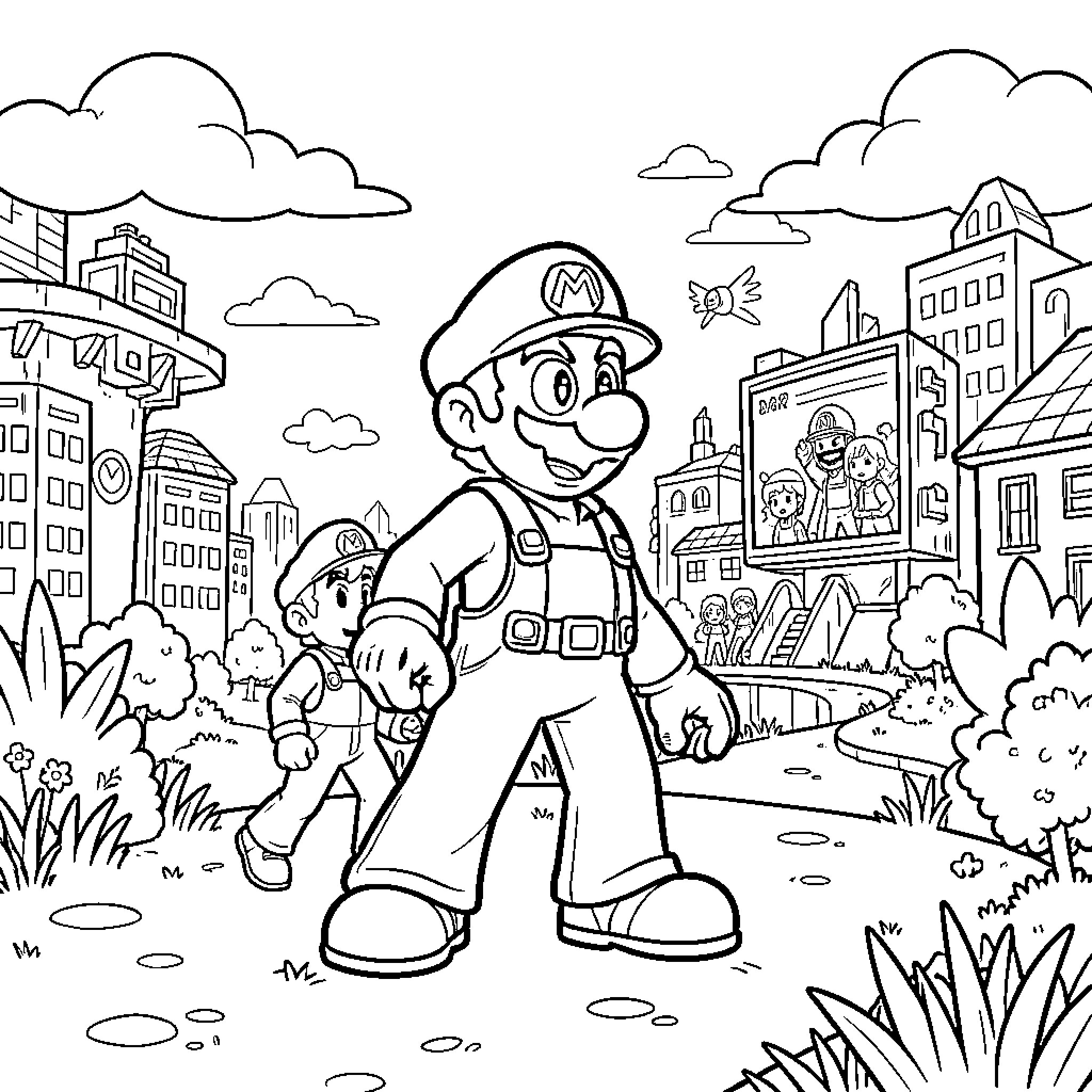 Mario explores the city in his plumber outfit Coloring Page (free black-and-white line drawing printable PDF for all, from beginners to advanced learners, including children, teens, adults, and seniors)