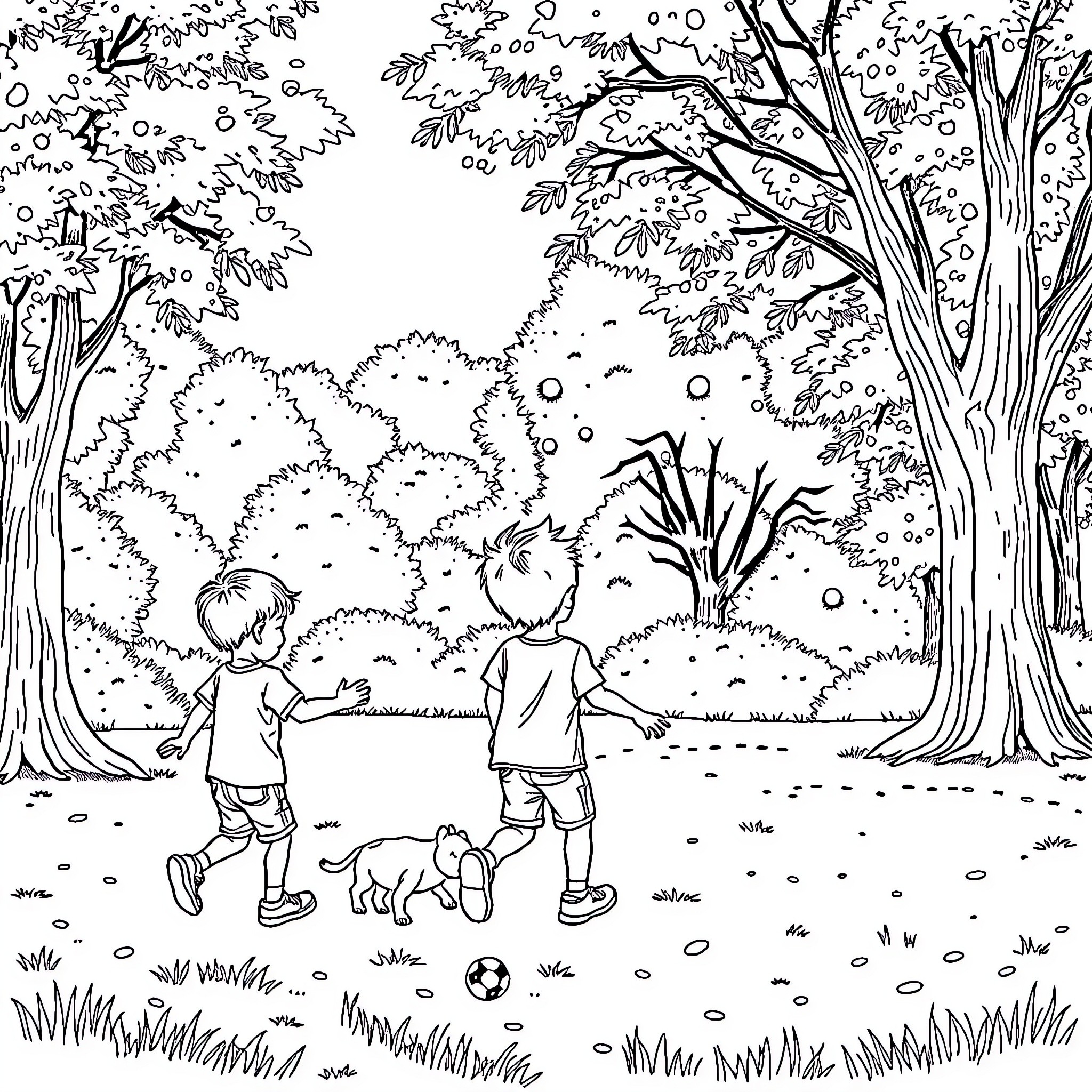 Child playing with friends in the park Coloring Page (free black-and-white line drawing printable PDF for all, from beginners to advanced learners, including children, teens, adults, and seniors)