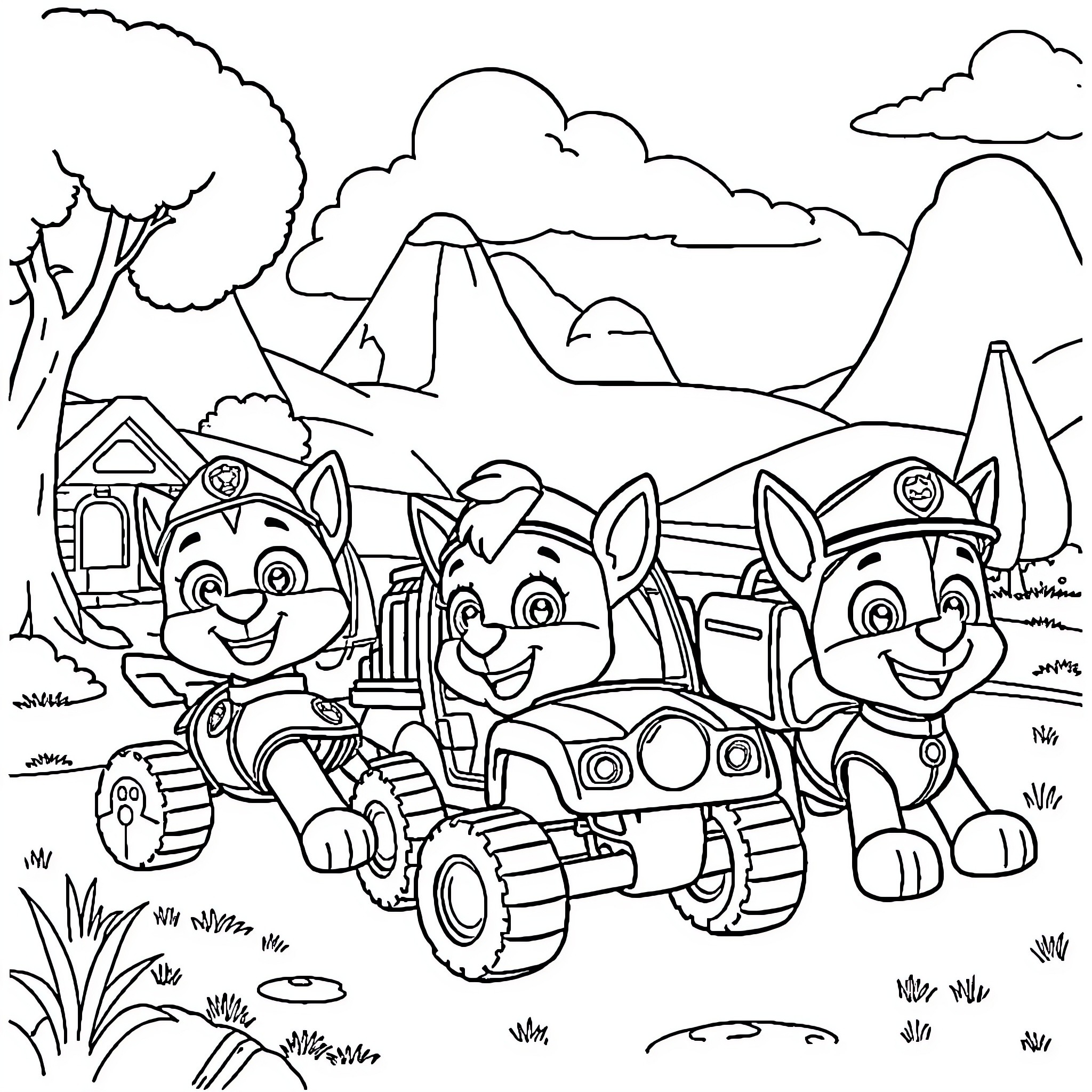 Paw Patrol Team Exploring Wilderness Adventure Coloring Page (free black-and-white line drawing printable PDF for all, from beginners to advanced learners, including children, teens, adults, and seniors)