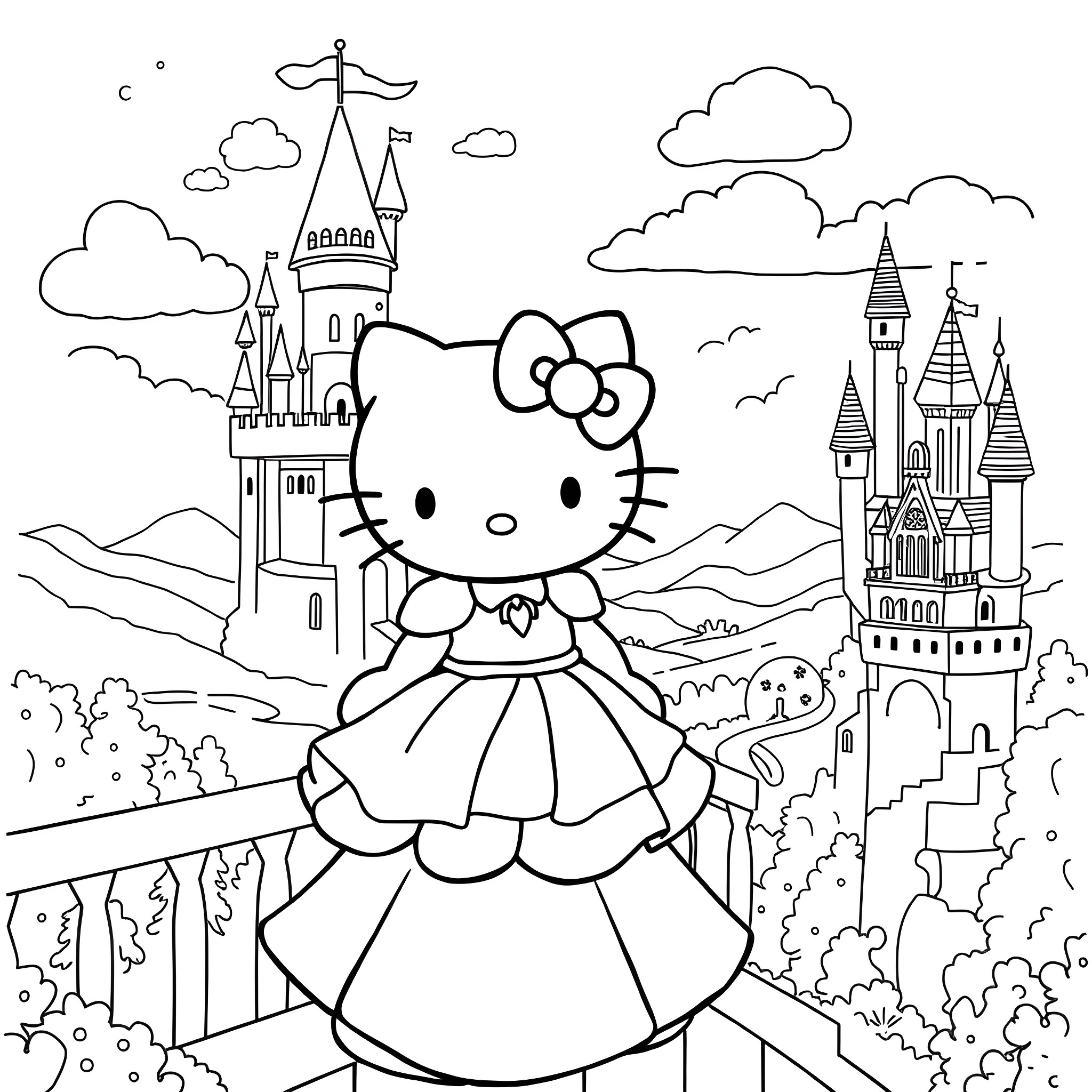 Hello Kitty in a Princess Dress at the Fantasy Castle Coloring Page (free black-and-white line drawing printable PDF for all, from beginners to advanced learners, including children, teens, adults, and seniors)