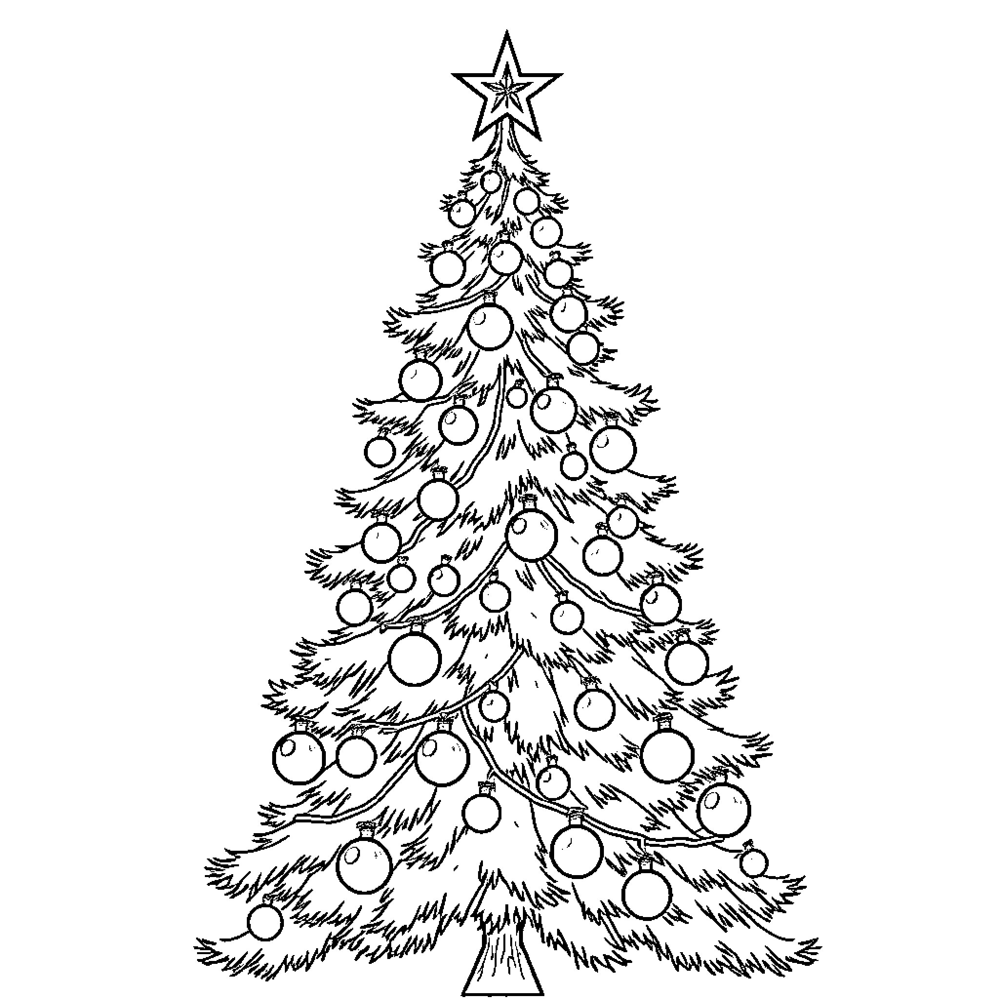 Christmas Tree with Decorated Ornaments Coloring Page (free black-and-white line drawing printable PDF for all, from beginners to advanced learners, including children, teens, adults, and seniors)