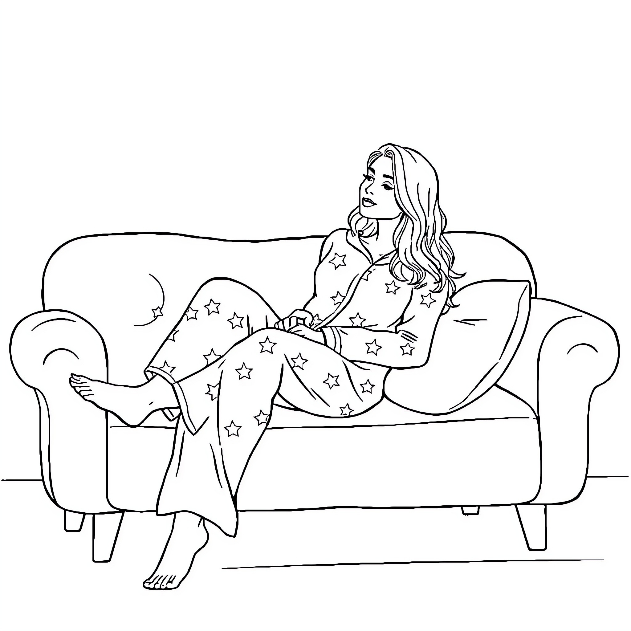Woman relaxing peacefully on sofa Coloring Page (free black-and-white line drawing printable PDF for all, from beginners to advanced learners, including children, teens, adults, and seniors)