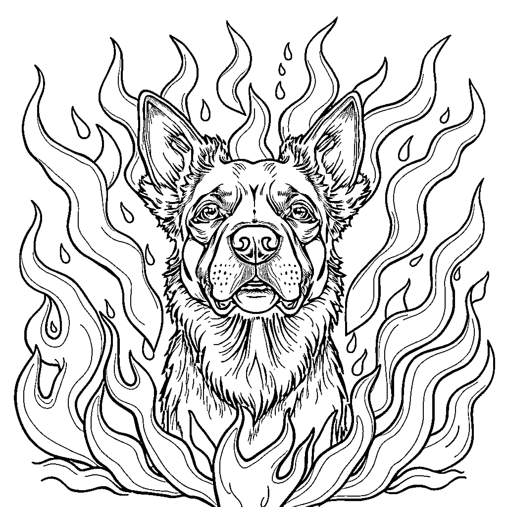 Dog in Fiery Flames Coloring Page (free black-and-white line drawing printable PDF for all, from beginners to advanced learners, including children, teens, adults, and seniors)