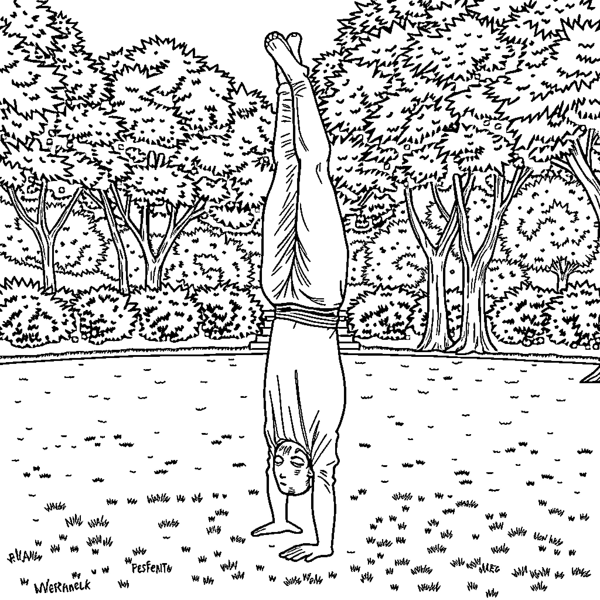 Water Bottle Guy Doing Handstand in Forest Coloring Page (free black-and-white line drawing printable PDF for all, from beginners to advanced learners, including children, teens, adults, and seniors)