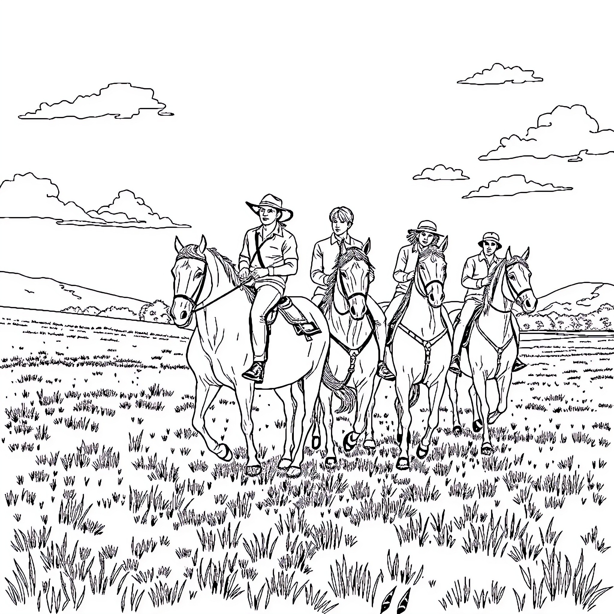 BTS Cowboy Riders Exploring Scenic Landscape Coloring Page (free black-and-white line drawing printable PDF for all, from beginners to advanced learners, including children, teens, adults, and seniors)