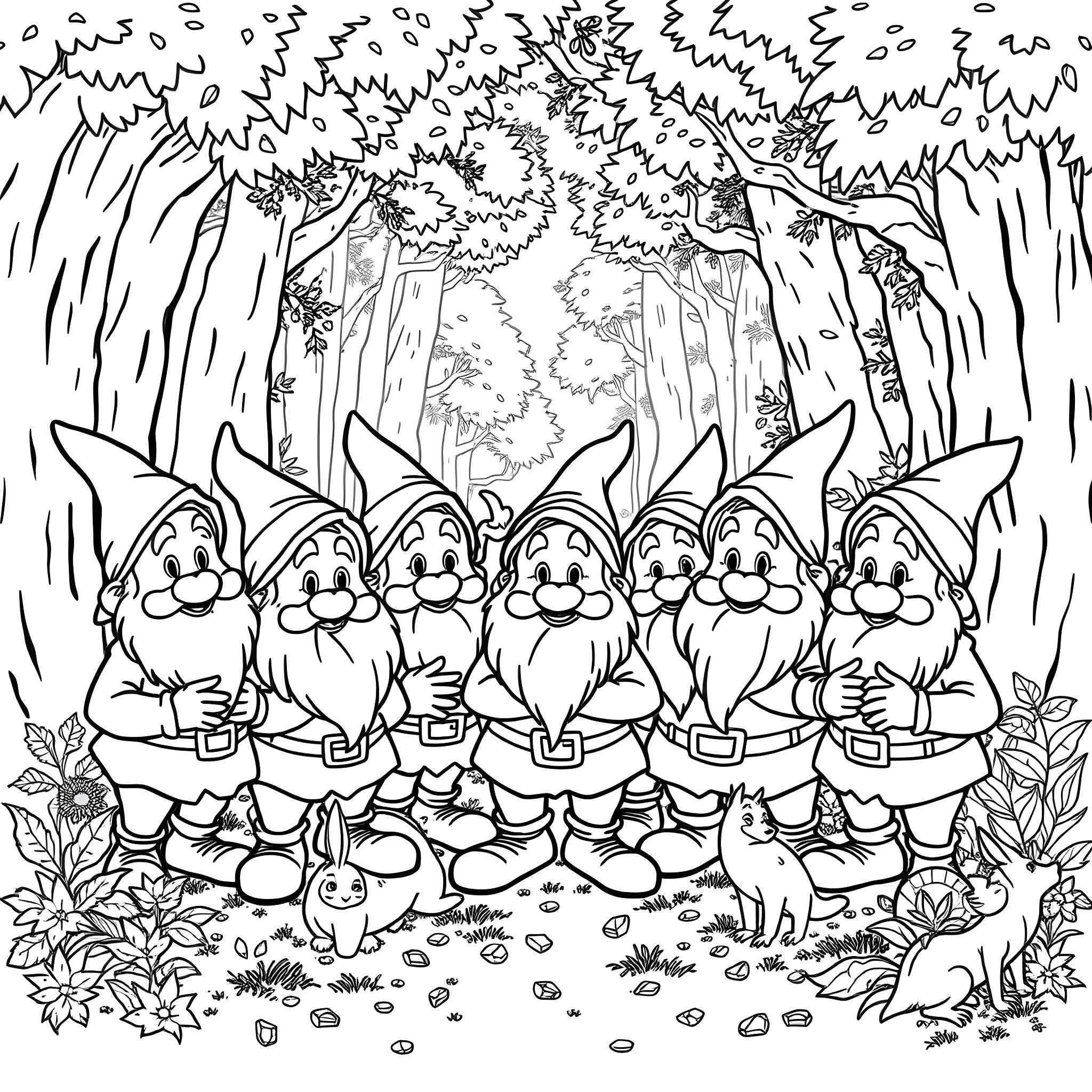Dwarf companions walking in a forest clearing Coloring Page (free black-and-white line drawing printable PDF for all, from beginners to advanced learners, including children, teens, adults, and seniors)