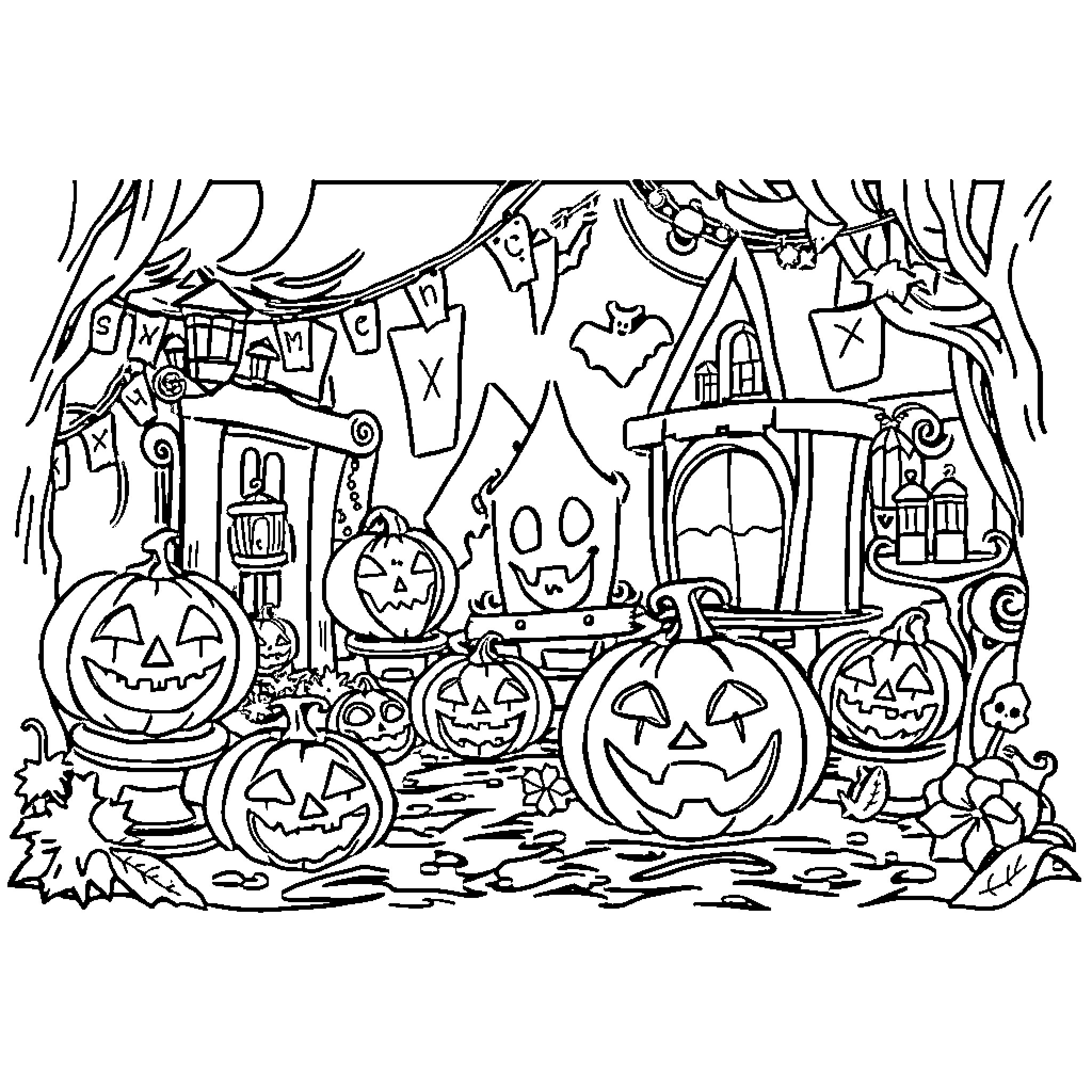Halloween Festive Scene with Jack-o'-lanterns and Decorations Coloring Page (free black-and-white line drawing printable PDF for all, from beginners to advanced learners, including children, teens, adults, and seniors)