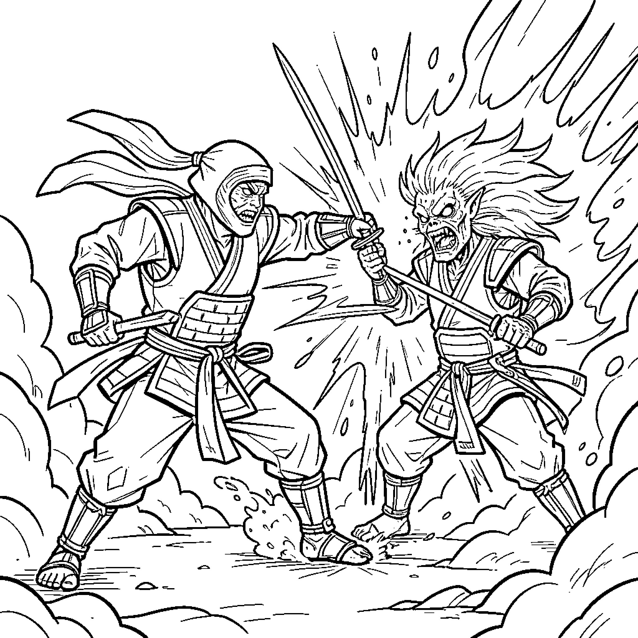 Ninjombie battling a fierce creature with swords Coloring Page (free black-and-white line drawing printable PDF for all, from beginners to advanced learners, including children, teens, adults, and seniors)