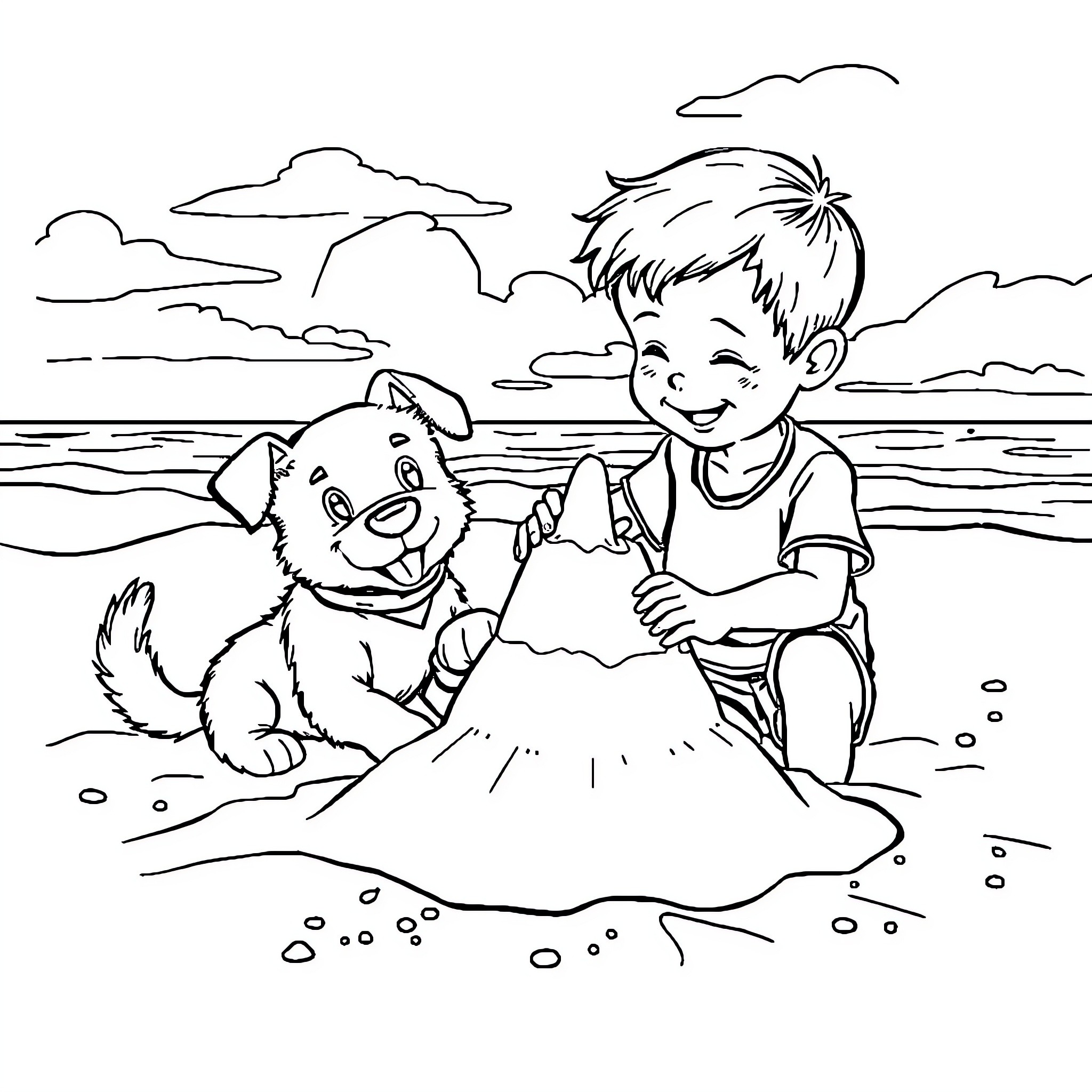 Boy and puppy building sandcastle at the beach Coloring Page (free black-and-white line drawing printable PDF for all, from beginners to advanced learners, including children, teens, adults, and seniors)