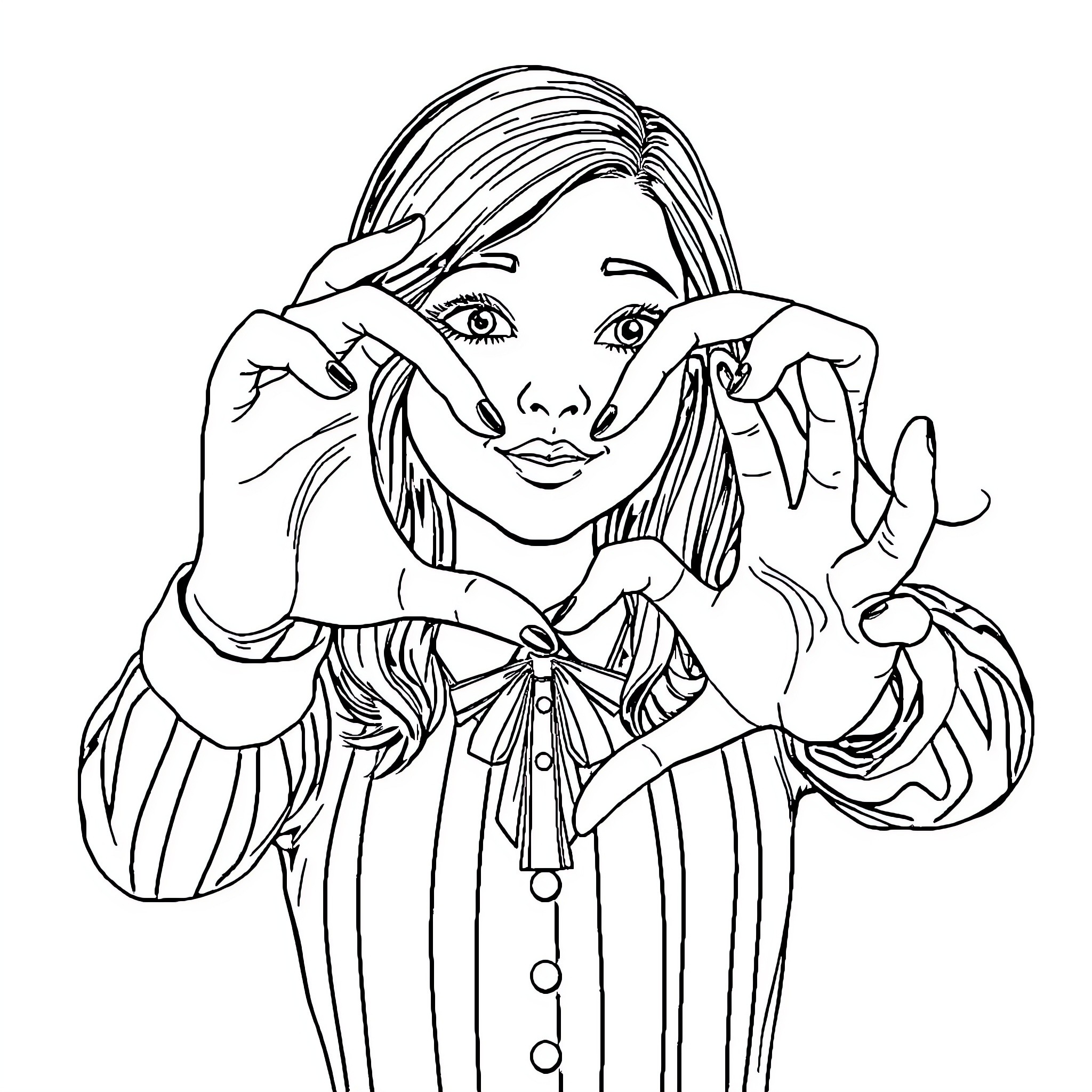 Wednesday Addams making a mischievous face Coloring Page (free black-and-white line drawing printable PDF for all, from beginners to advanced learners, including children, teens, adults, and seniors)