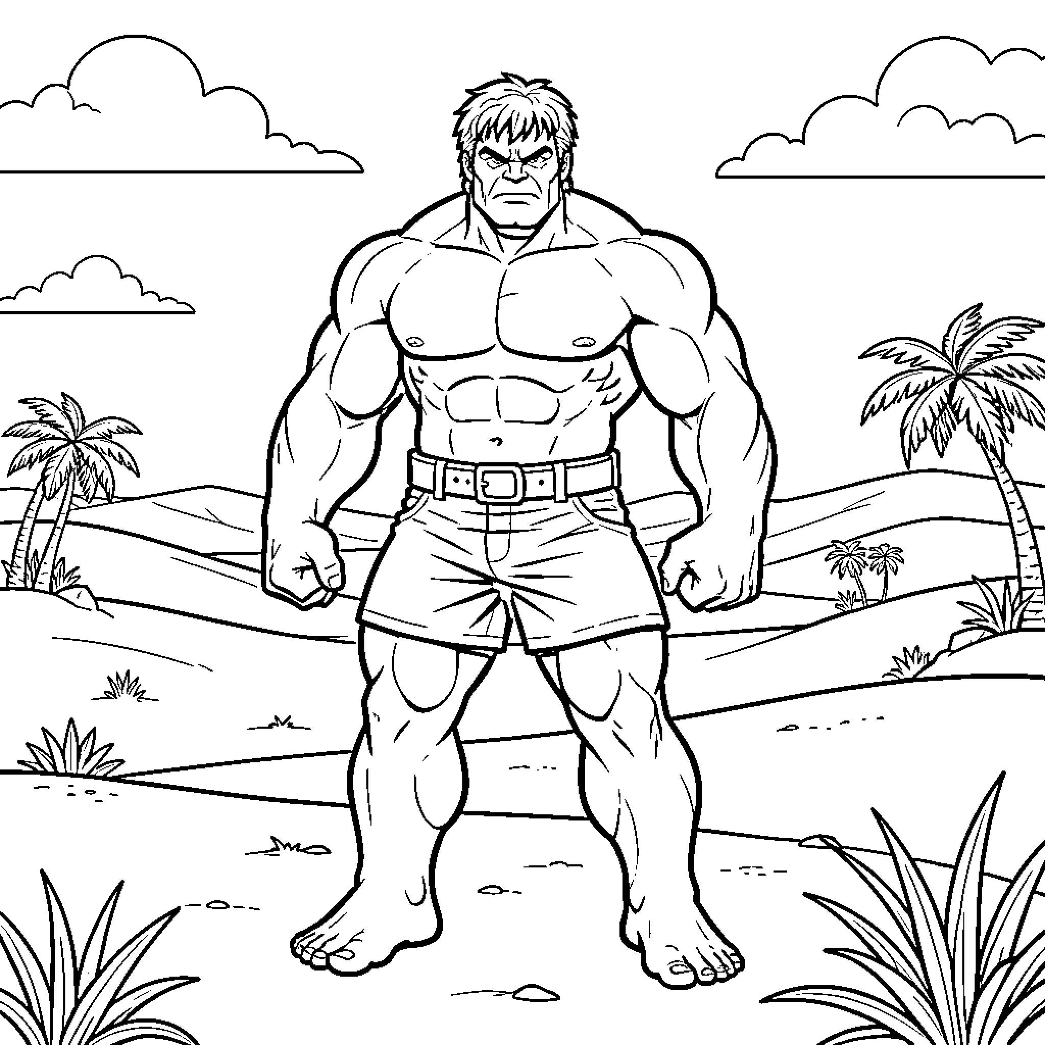 Hulk standing intensely in a tropical desert landscape Coloring Page (free black-and-white line drawing printable PDF for all, from beginners to advanced learners, including children, teens, adults, and seniors)