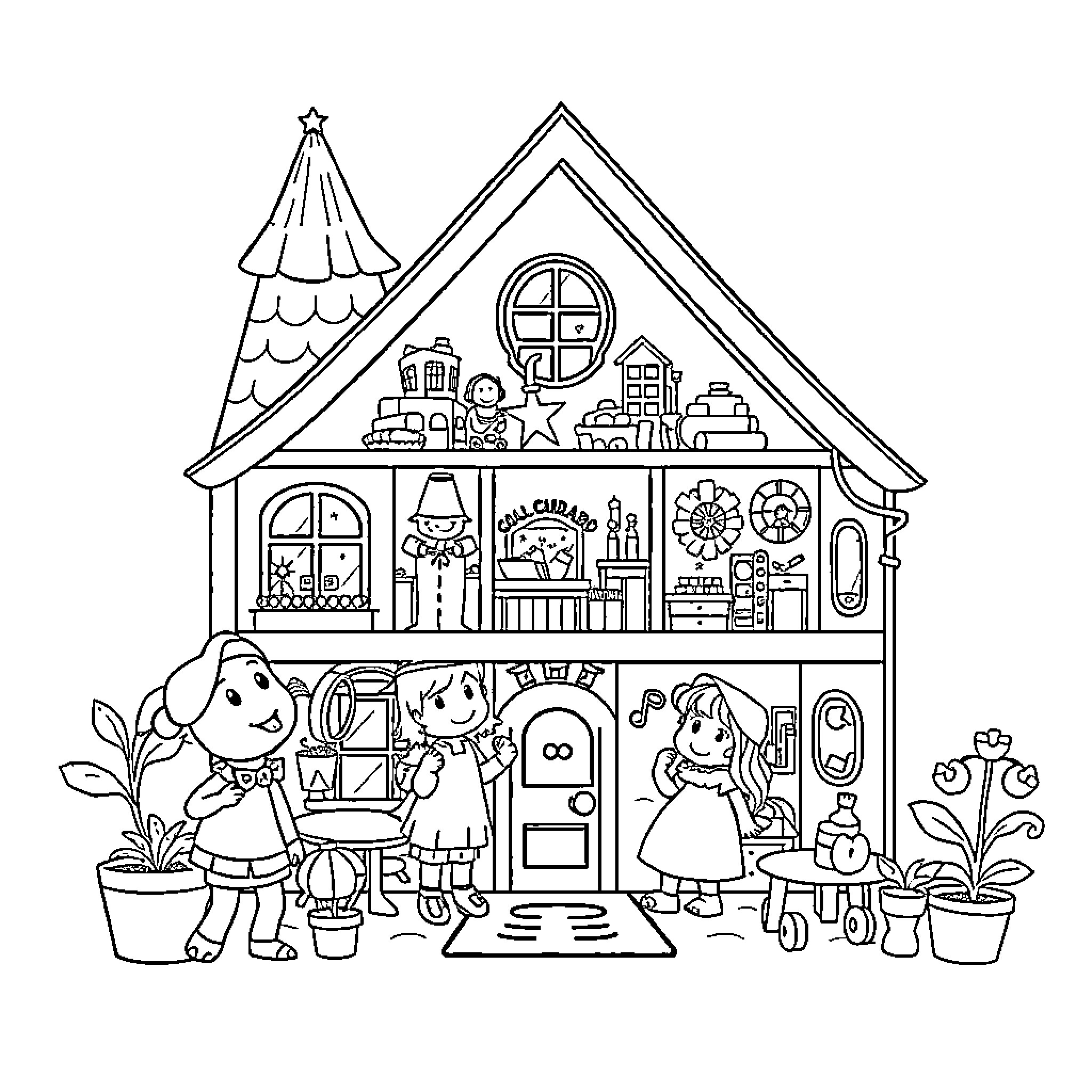 Gabby's Dollhouse with Playful Characters and Cozy Scenes Coloring Page (free black-and-white line drawing printable PDF for all, from beginners to advanced learners, including children, teens, adults, and seniors)