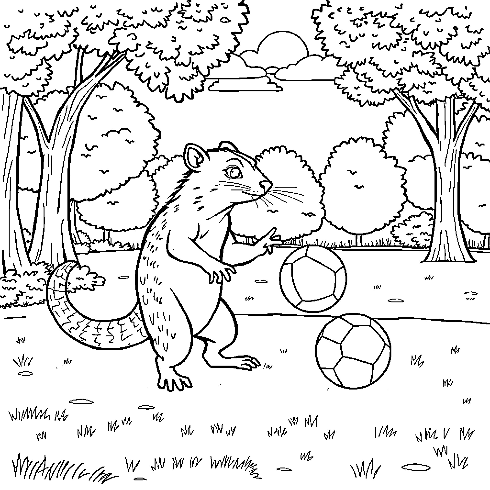 Dog playing joyfully with ball in forest scene Coloring Page (free black-and-white line drawing printable PDF for all, from beginners to advanced learners, including children, teens, adults, and seniors)