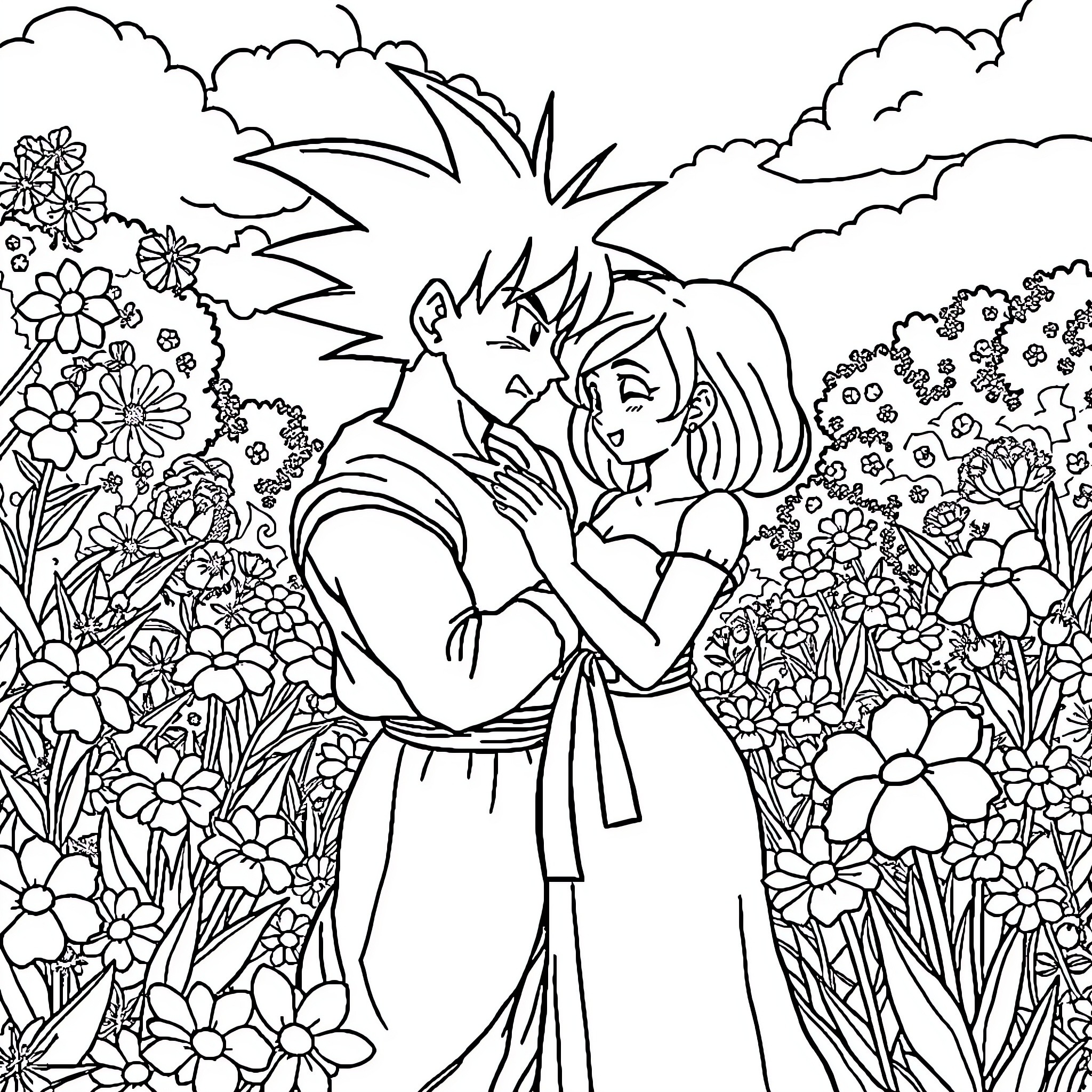Goku's Romantic Embrace in a Floral Wonderland Coloring Page (free black-and-white line drawing printable PDF for all, from beginners to advanced learners, including children, teens, adults, and seniors)