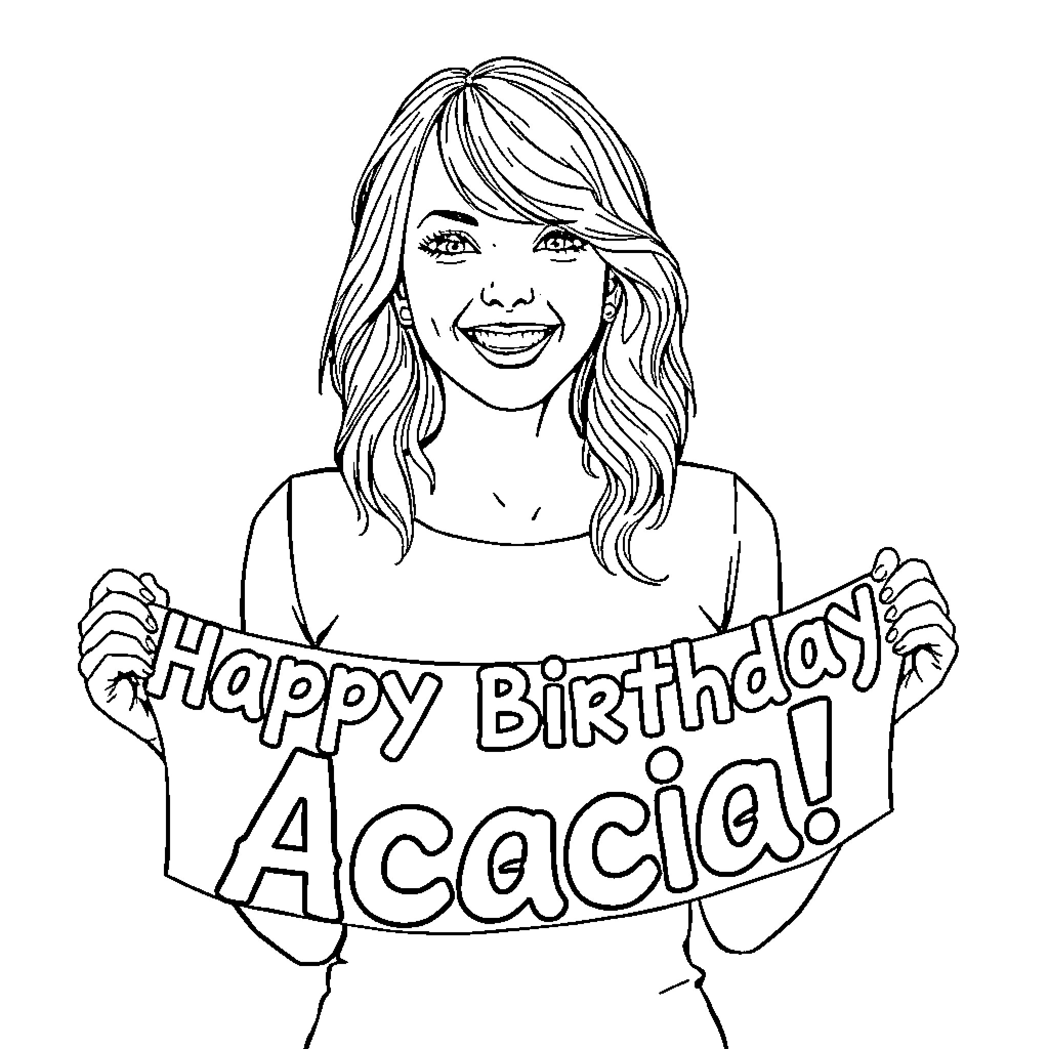 Taylor Swift wishing happy birthday to Acaccia Coloring Page (free black-and-white line drawing printable PDF for all, from beginners to advanced learners, including children, teens, adults, and seniors)