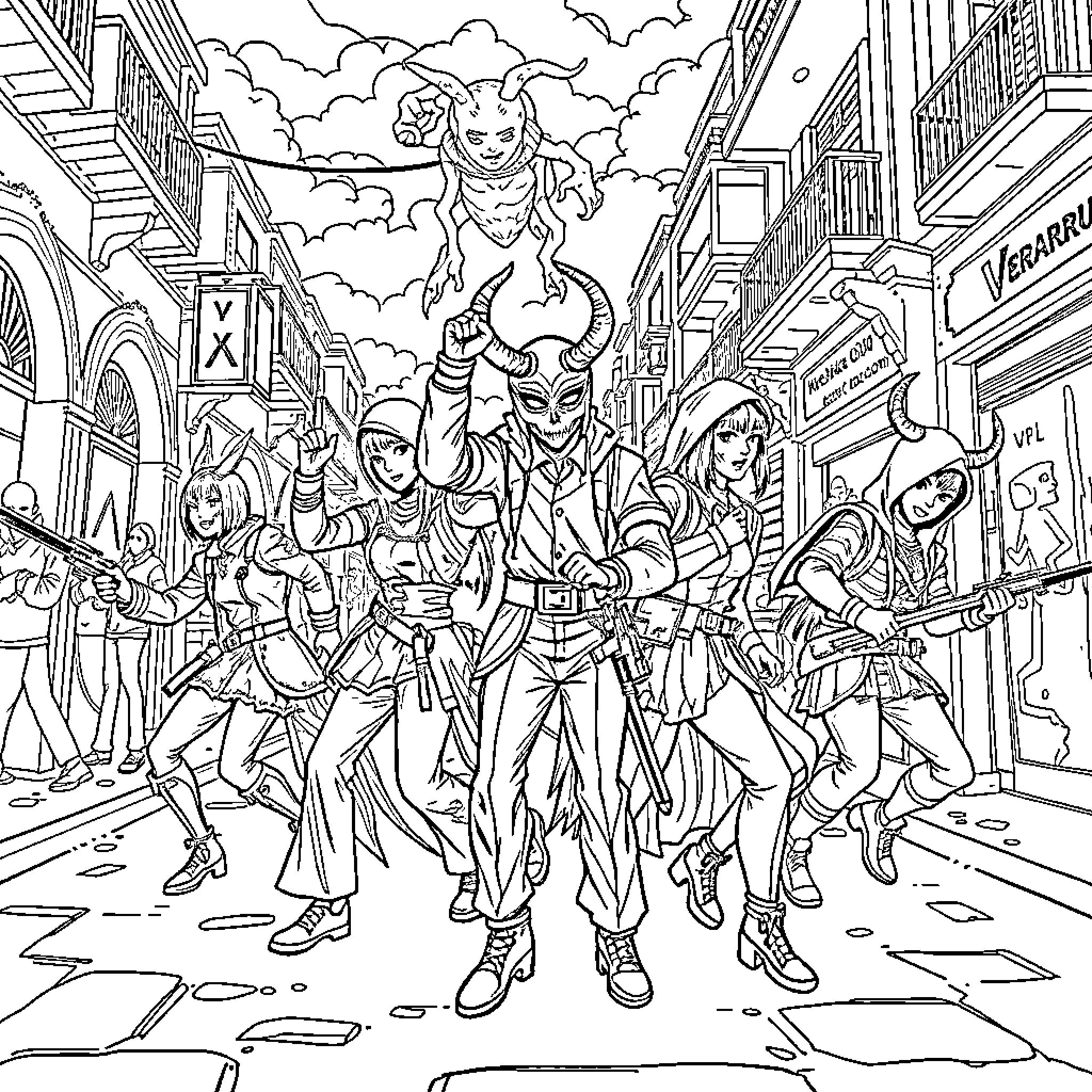 Demon Hunter heroes fight against evil forces in the city Coloring Page (free black-and-white line drawing printable PDF for all, from beginners to advanced learners, including children, teens, adults, and seniors)