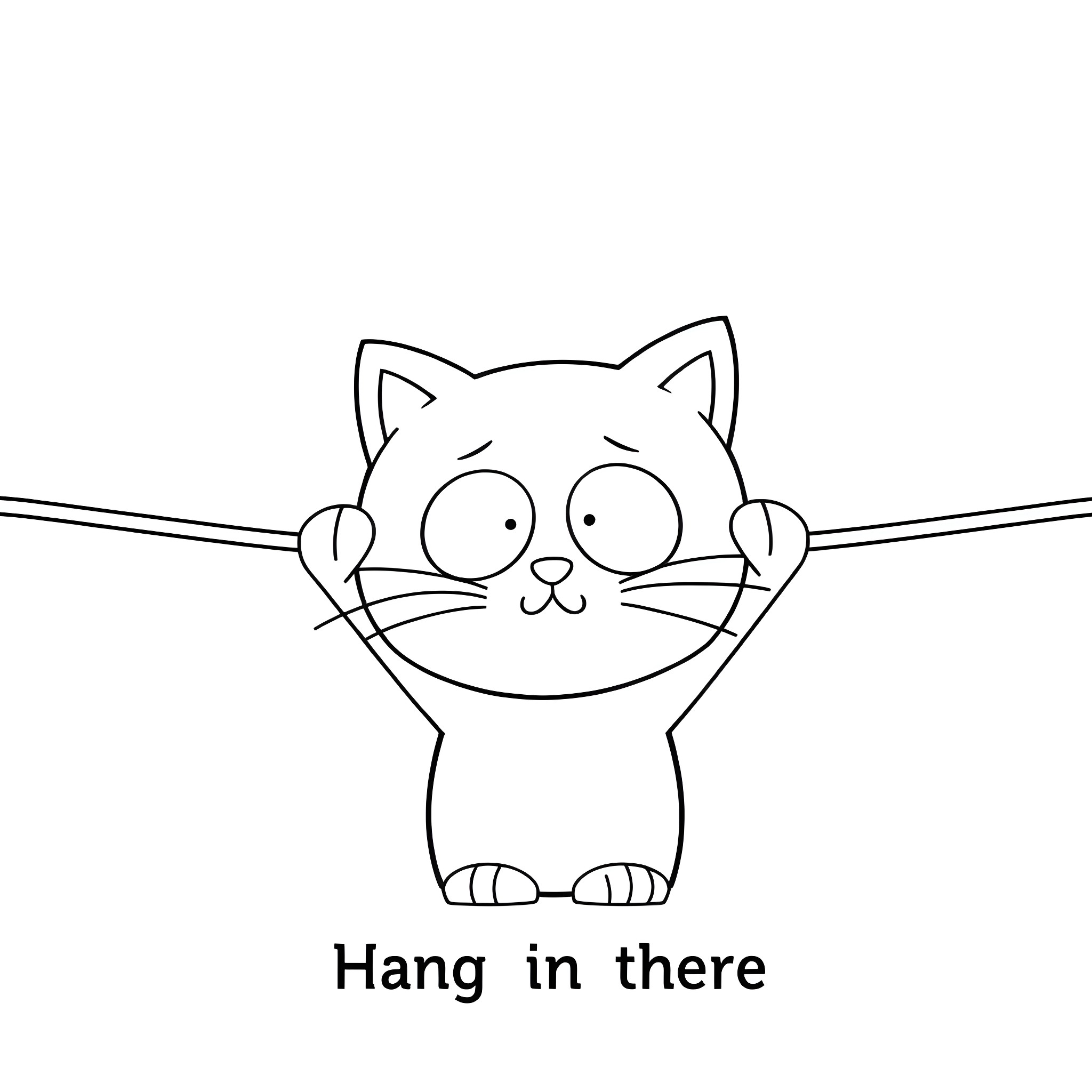 Mr. Kitty hanging in there Coloring Page (free black-and-white line drawing printable PDF for all, from beginners to advanced learners, including children, teens, adults, and seniors)