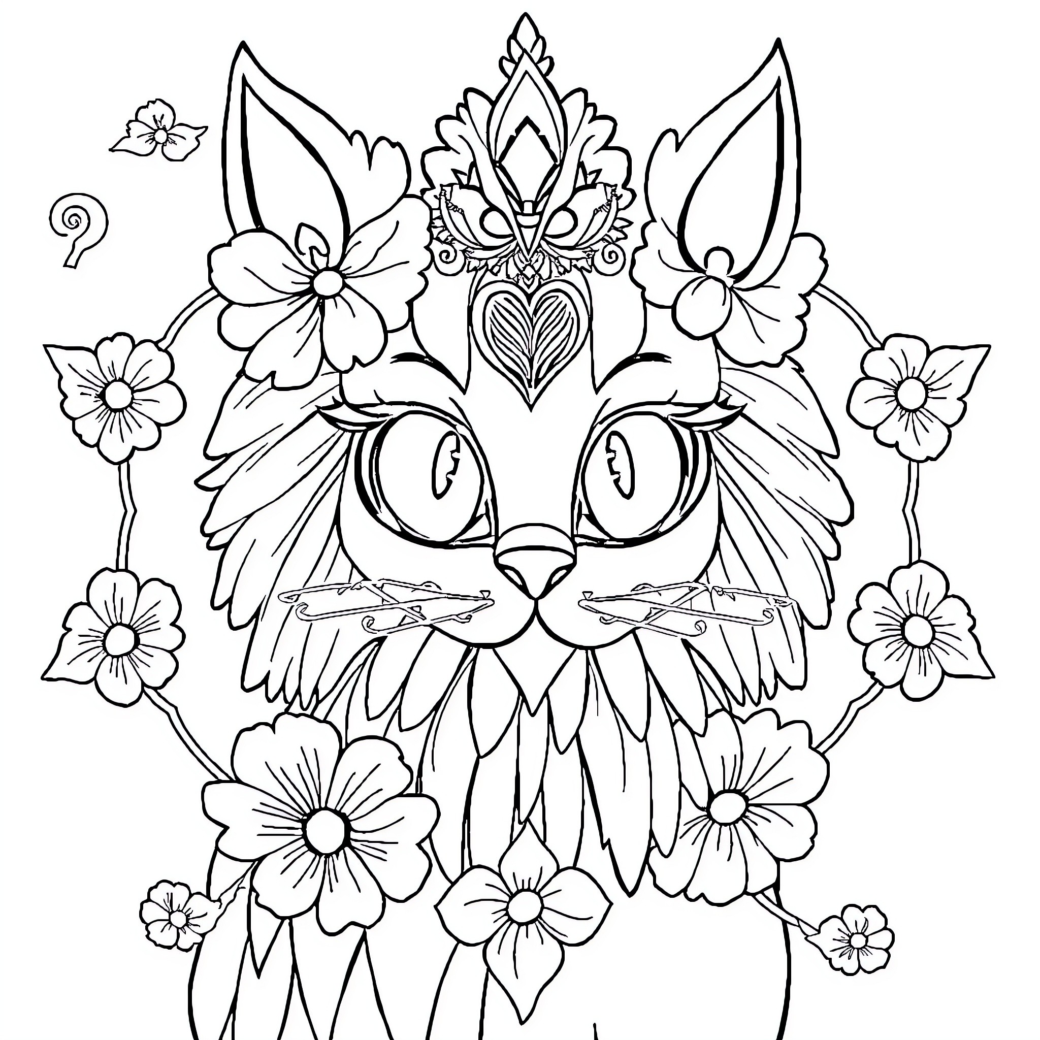 Rachida's Enchanting Feline Floral Filigree Coloring Page (free black-and-white line drawing printable PDF for all, from beginners to advanced learners, including children, teens, adults, and seniors)