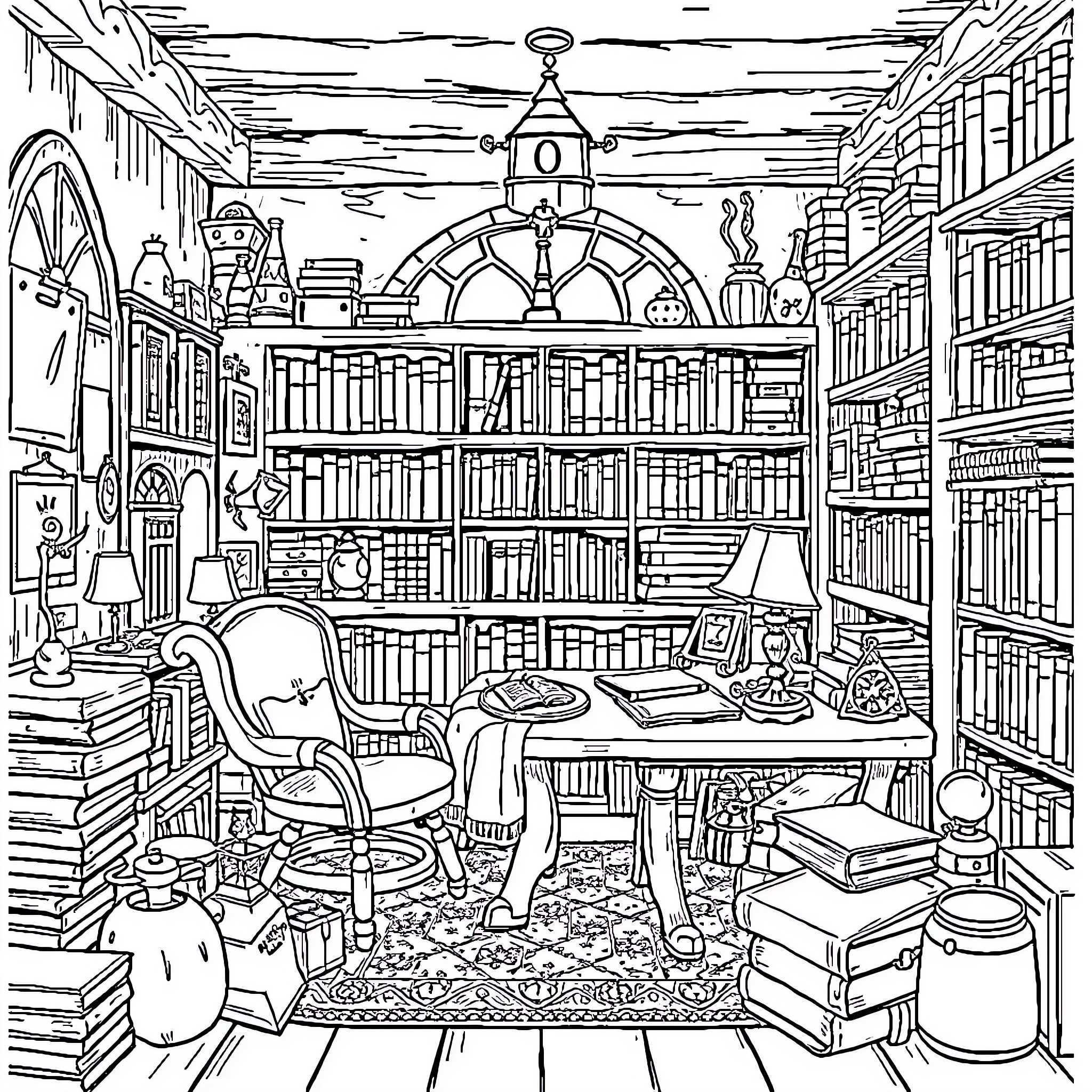 Wizard's Enchanting Library Sanctuary Coloring Page (free black-and-white line drawing printable PDF for all, from beginners to advanced learners, including children, teens, adults, and seniors)