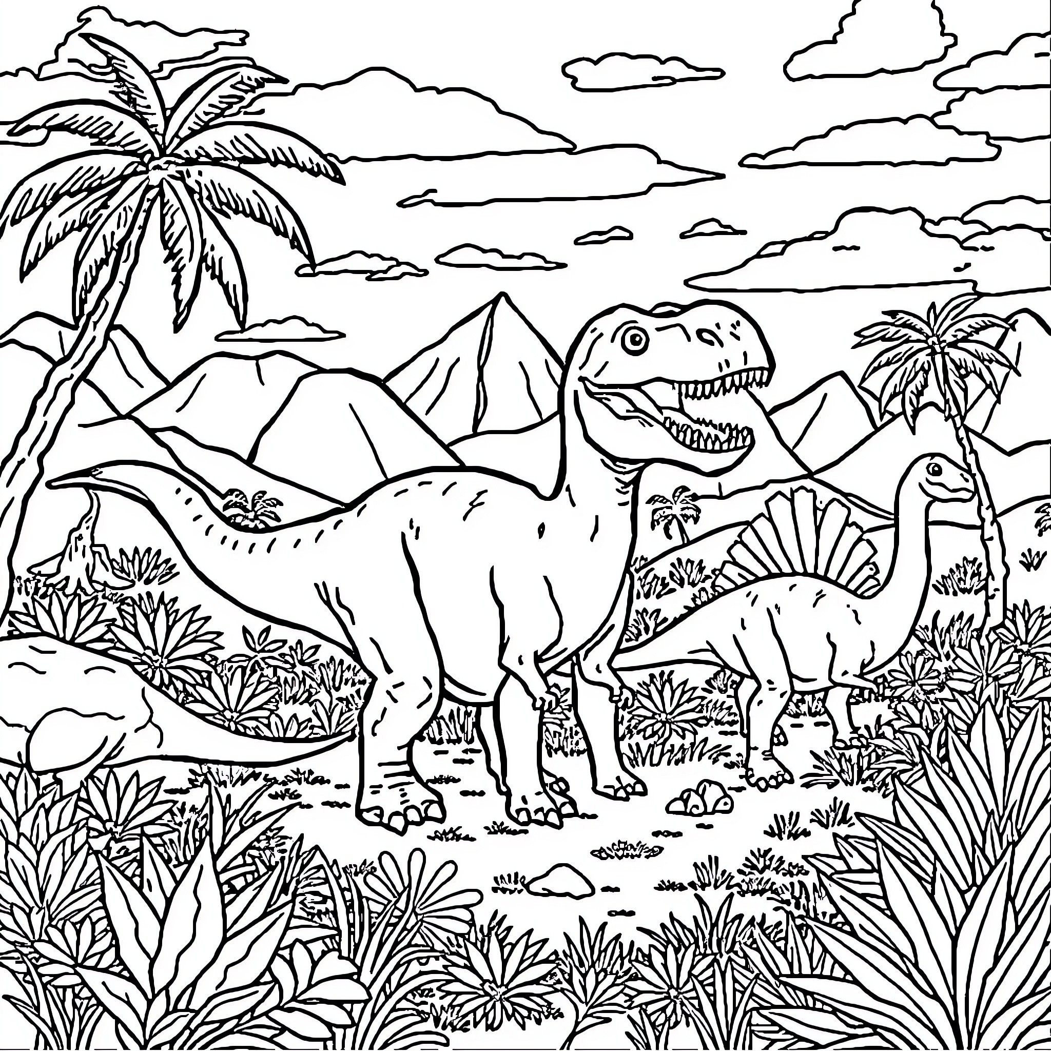 Dino Adventure in the Prehistoric Landscape Coloring Page (free black-and-white line drawing printable PDF for all, from beginners to advanced learners, including children, teens, adults, and seniors)