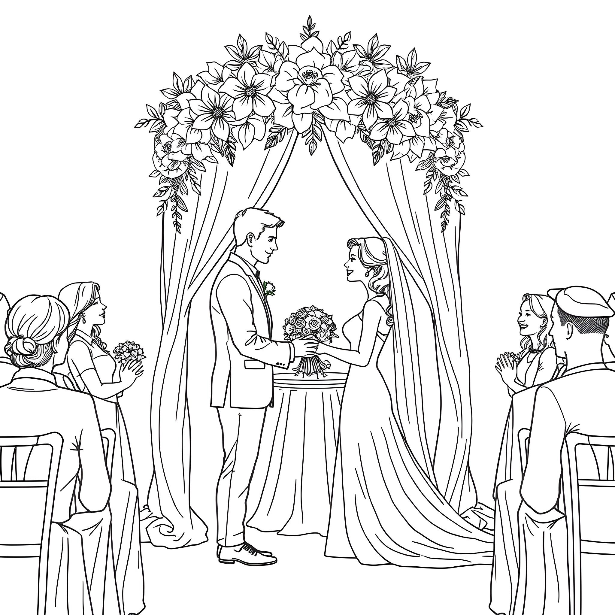 Wedding Ceremony Under Floral Arch Coloring Page (free black-and-white line drawing printable PDF for all, from beginners to advanced learners, including children, teens, adults, and seniors)