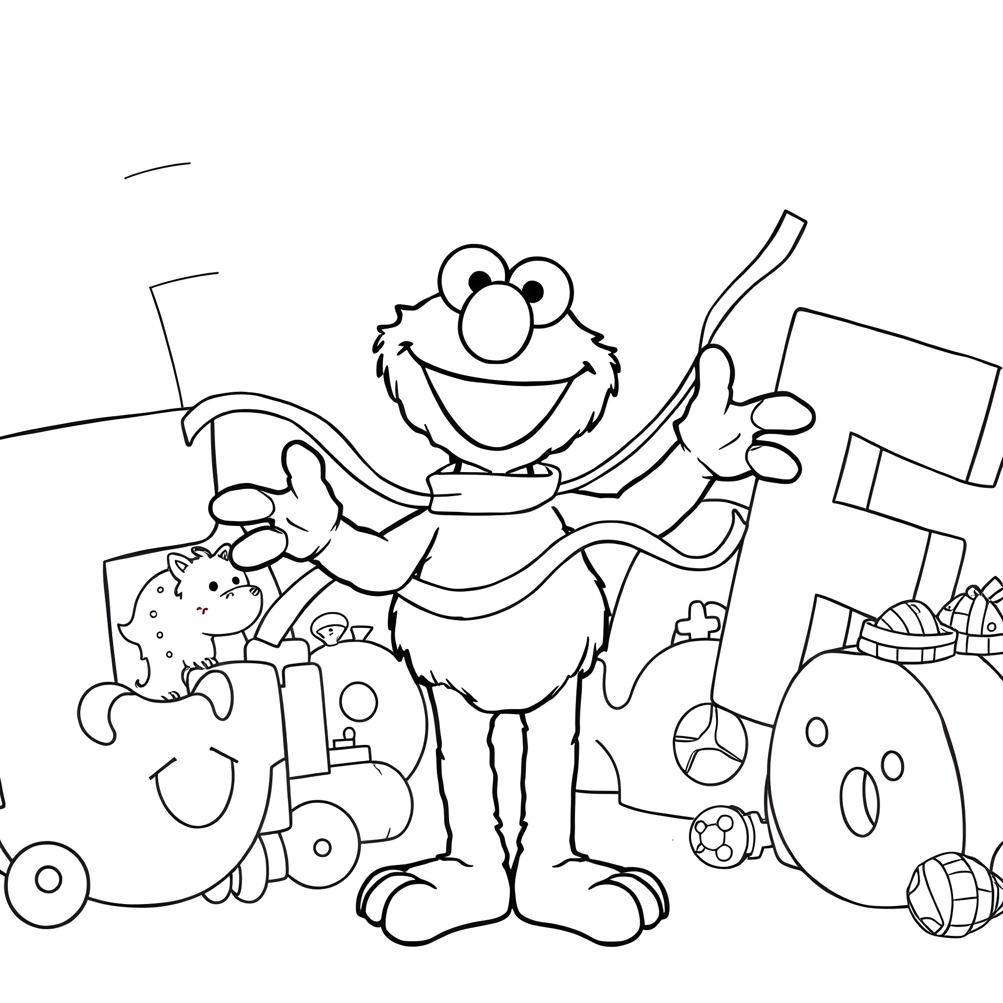 Elmo playing happily with toys and blocks Coloring Page (free black-and-white line drawing printable PDF for all, from beginners to advanced learners, including children, teens, adults, and seniors)