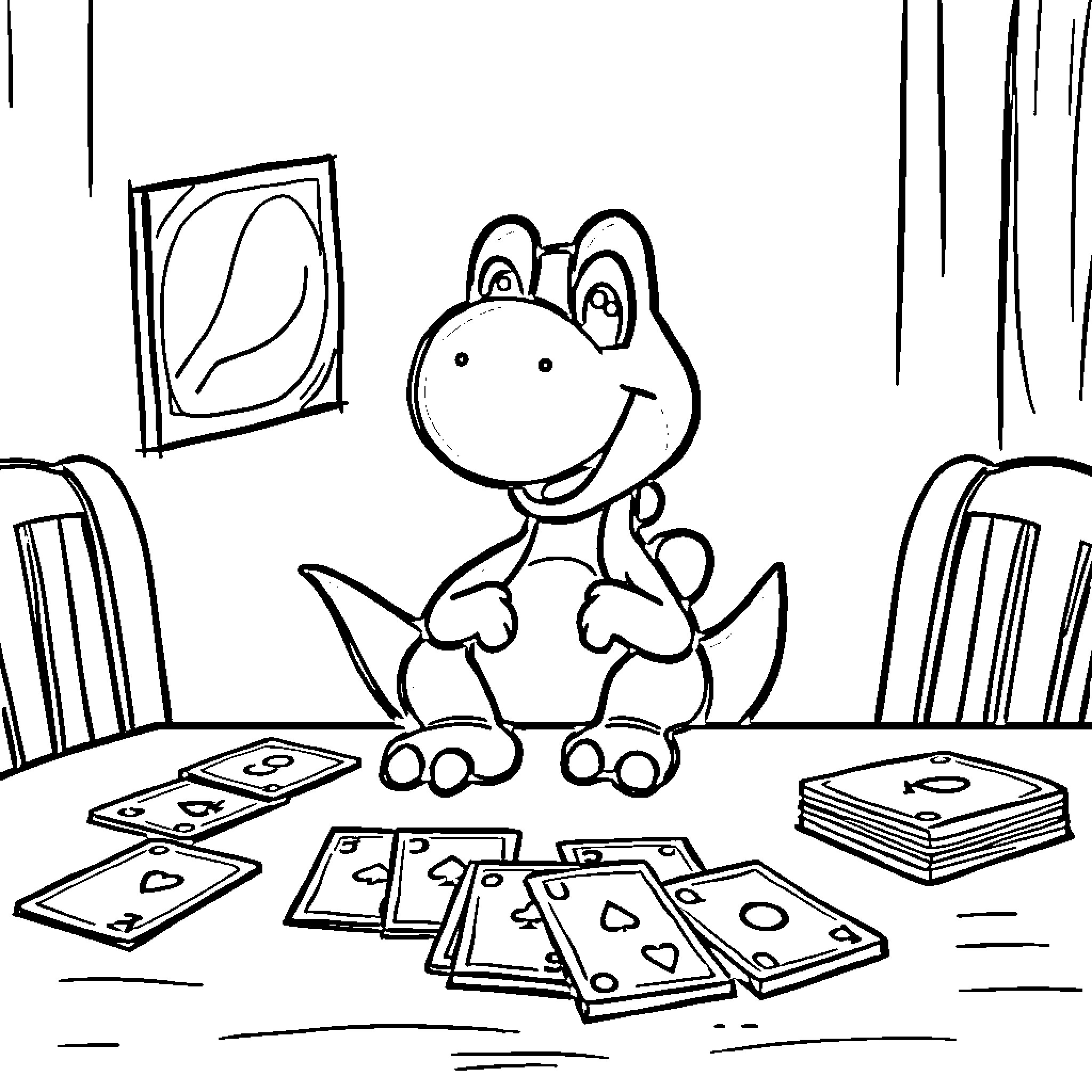 Yoshi playing with cards happily Coloring Page (free black-and-white line drawing printable PDF for all, from beginners to advanced learners, including children, teens, adults, and seniors)