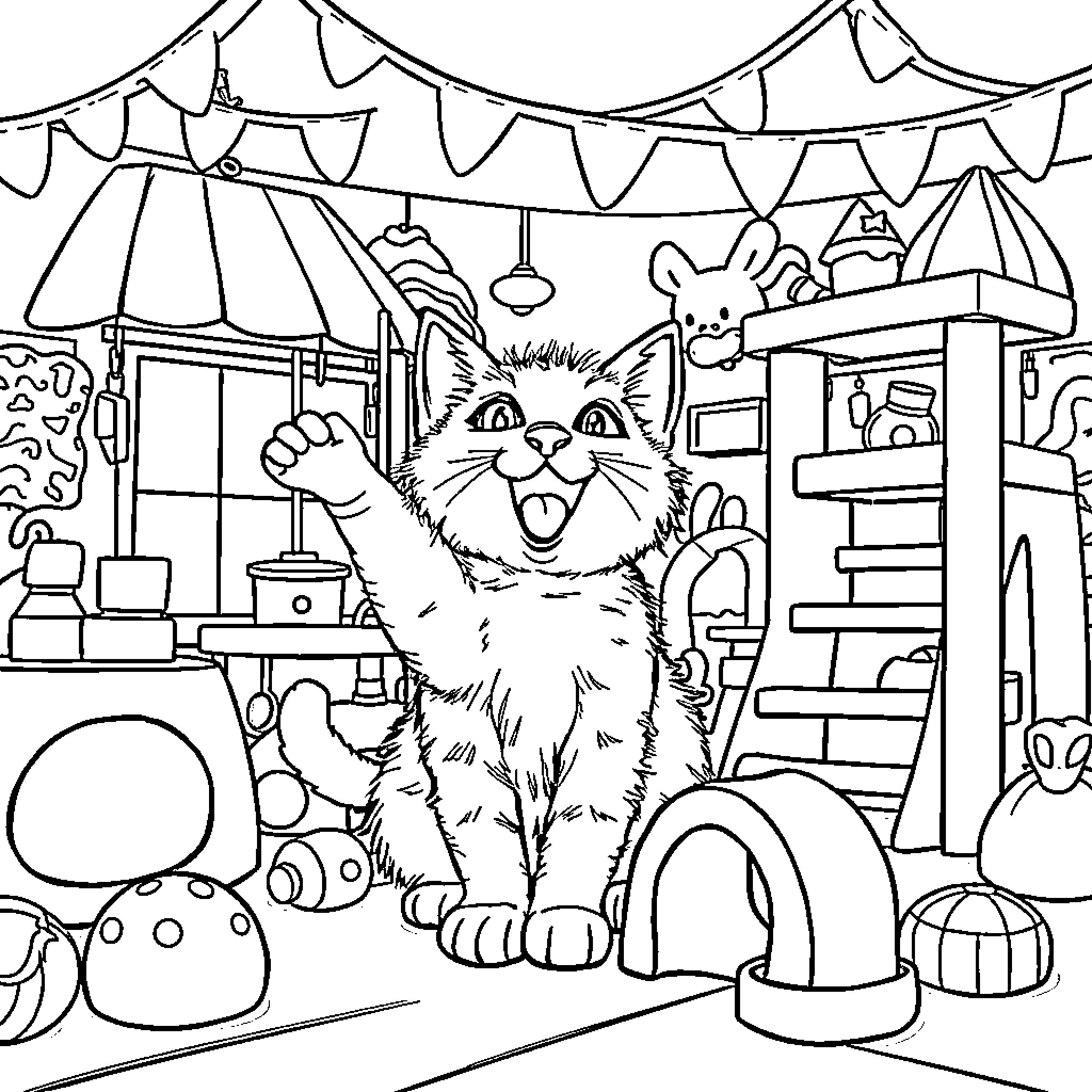 Cat enjoying the carnival atmosphere Coloring Page (free black-and-white line drawing printable PDF for all, from beginners to advanced learners, including children, teens, adults, and seniors)