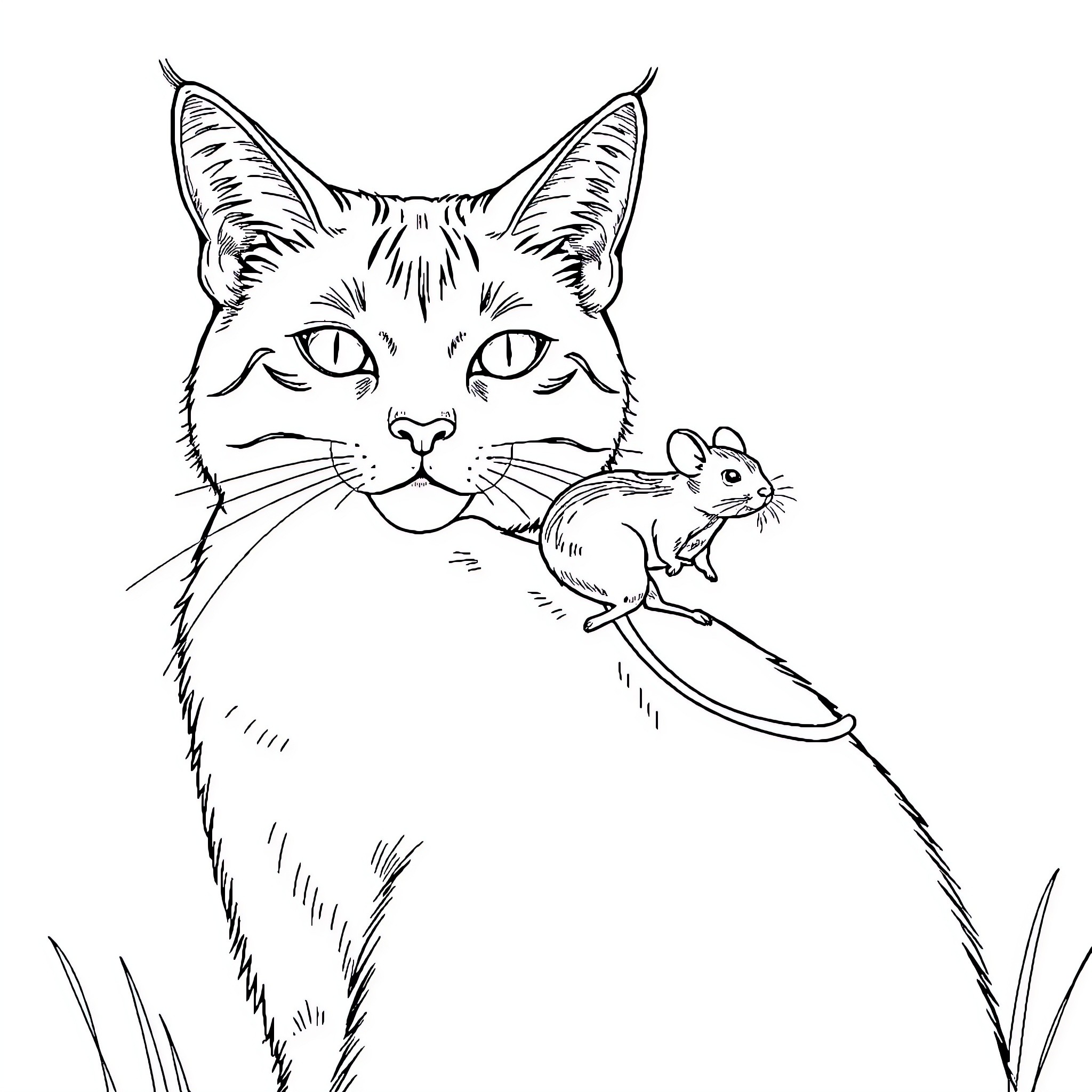 Rat chases a determined mouse in the grass Coloring Page (free black-and-white line drawing printable PDF for all, from beginners to advanced learners, including children, teens, adults, and seniors)