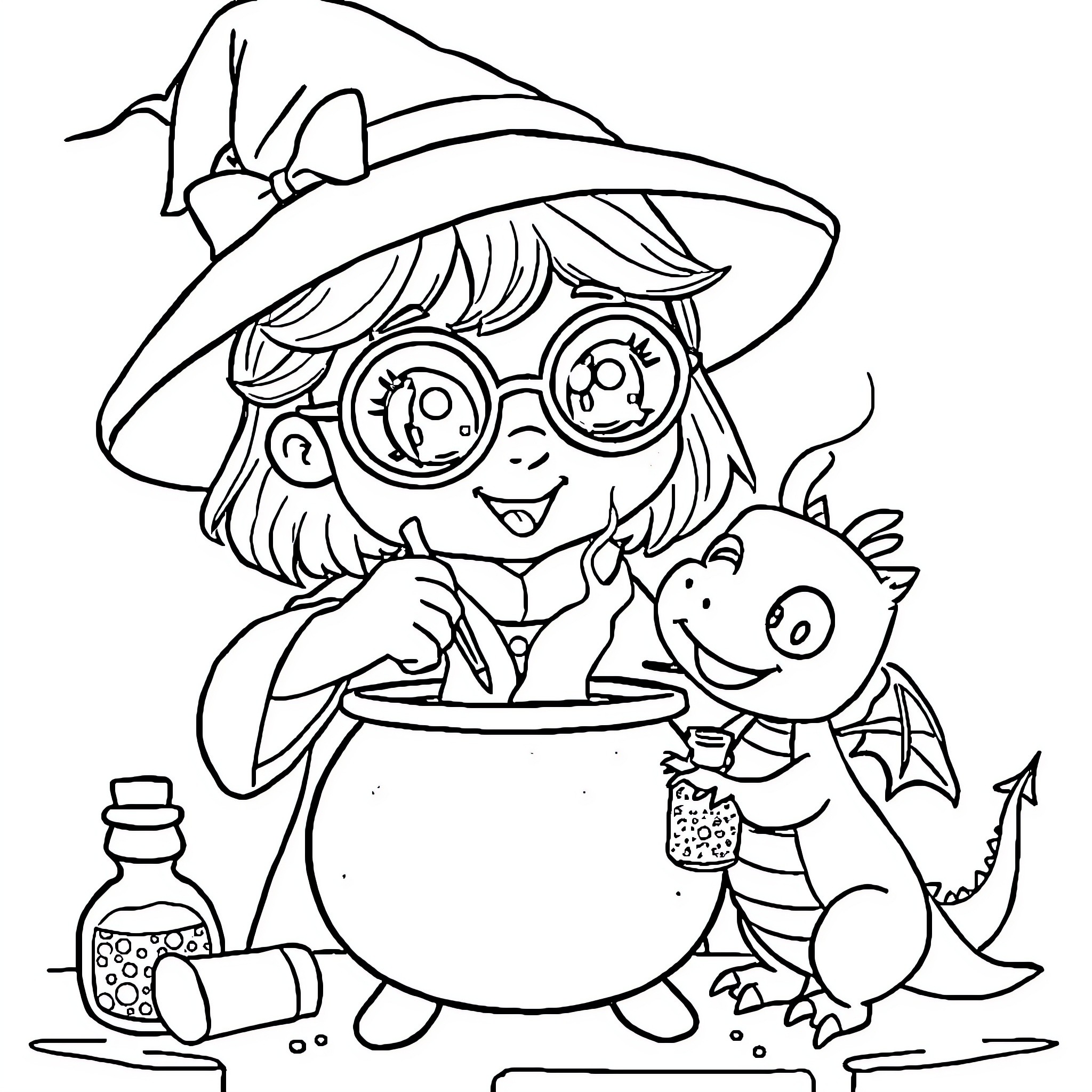 Wizard mixing potions with a friendly dragon Coloring Page (free black-and-white line drawing printable PDF for all, from beginners to advanced learners, including children, teens, adults, and seniors)