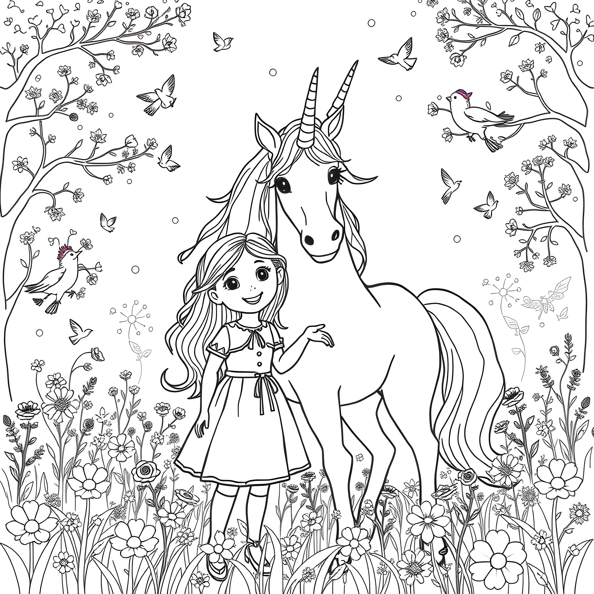 Unicorn and a Girl in a Magical Forest Coloring Page (free black-and-white line drawing printable PDF for all, from beginners to advanced learners, including children, teens, adults, and seniors)