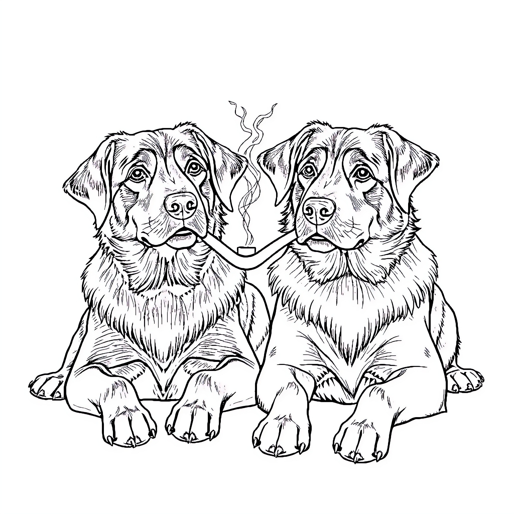 Dog friends relaxing together Coloring Page (free black-and-white line drawing printable PDF for all, from beginners to advanced learners, including children, teens, adults, and seniors)