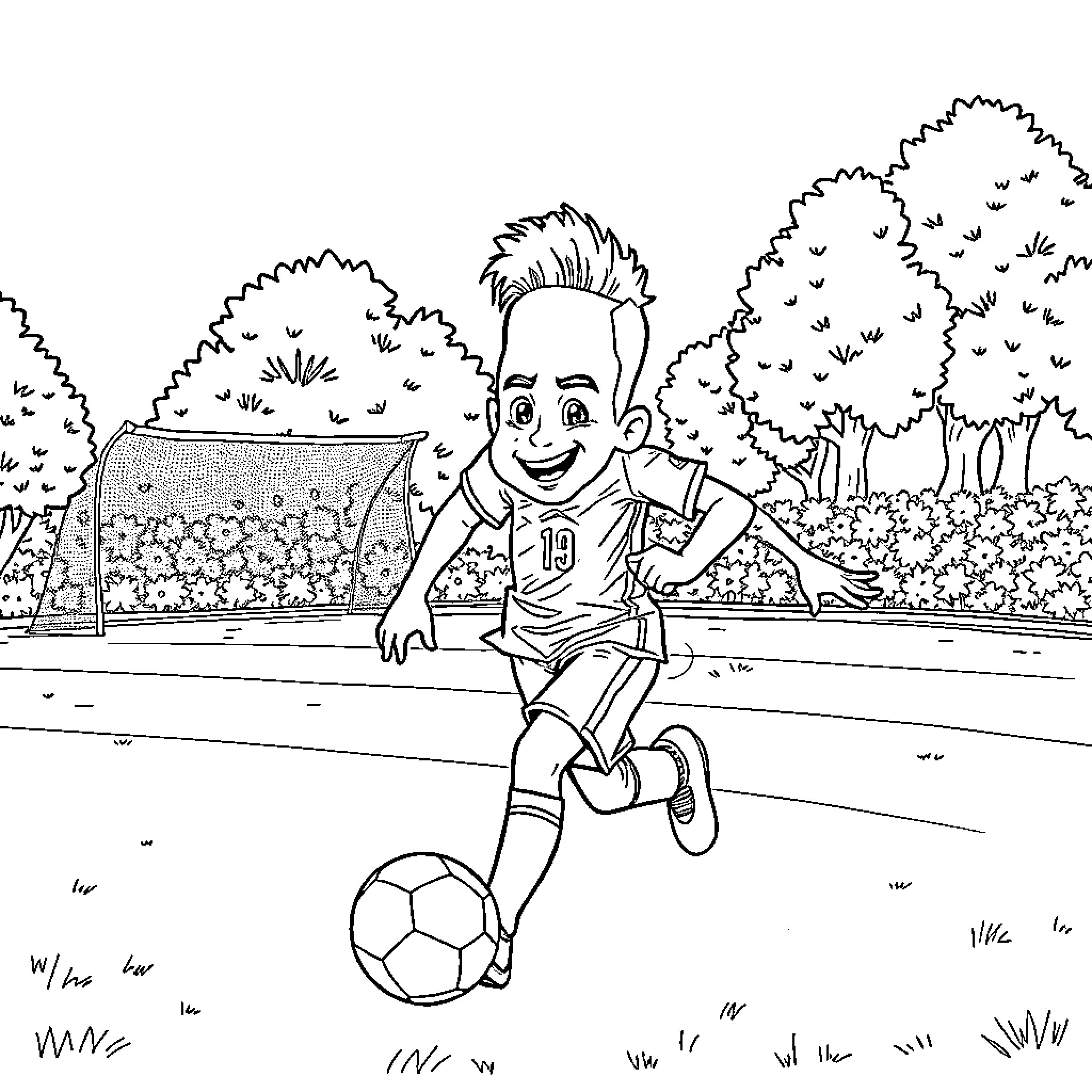 Neymar playing soccer in the park Coloring Page (free black-and-white line drawing printable PDF for all, from beginners to advanced learners, including children, teens, adults, and seniors)