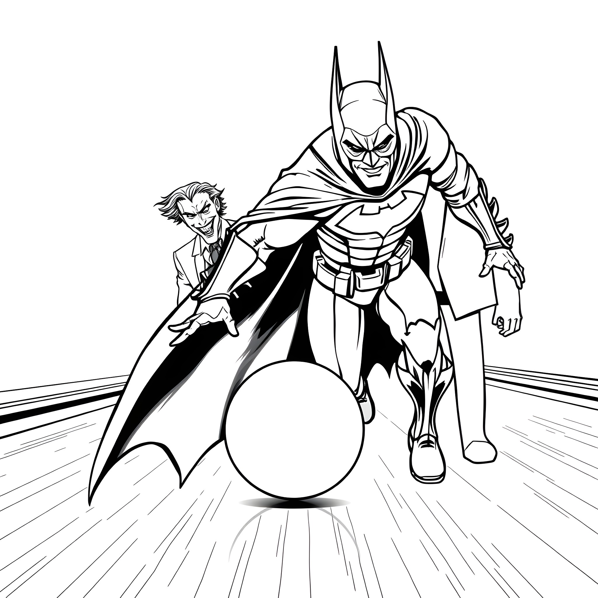 Batman confronting the Joker in an intense showdown Coloring Page (free black-and-white line drawing printable PDF for all, from beginners to advanced learners, including children, teens, adults, and seniors)