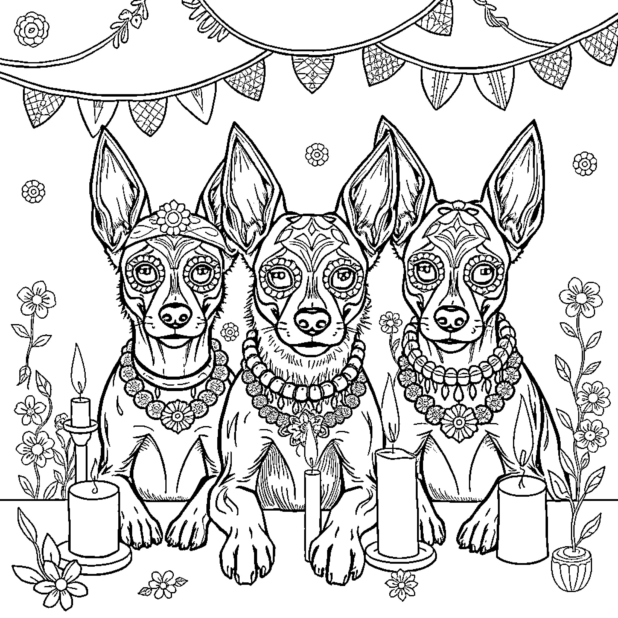 Xoloitzcuintli dogs in traditional festive attire Coloring Page (free black-and-white line drawing printable PDF for all, from beginners to advanced learners, including children, teens, adults, and seniors)