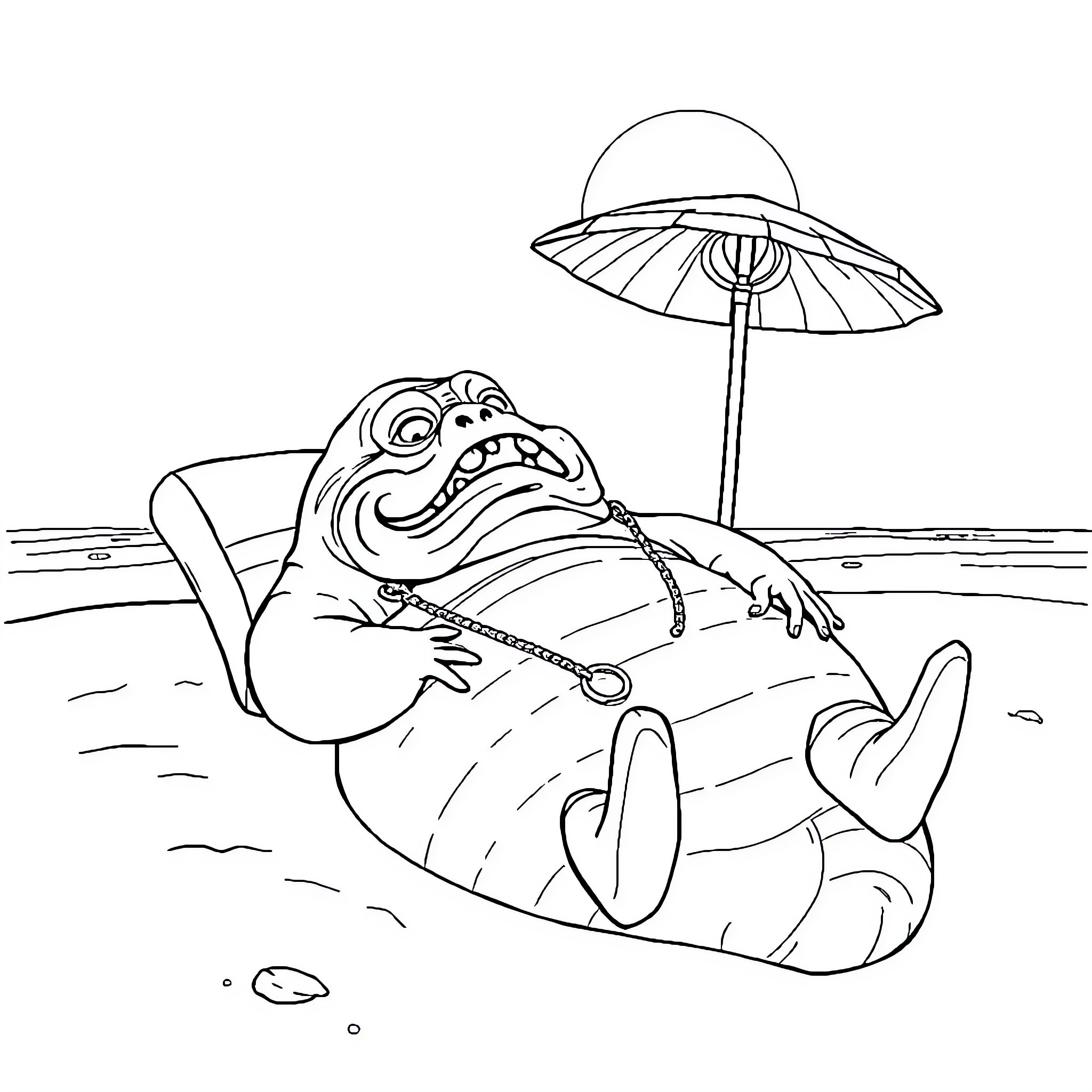 Jabba relaxing under a beach umbrella Coloring Page (free black-and-white line drawing printable PDF for all, from beginners to advanced learners, including children, teens, adults, and seniors)